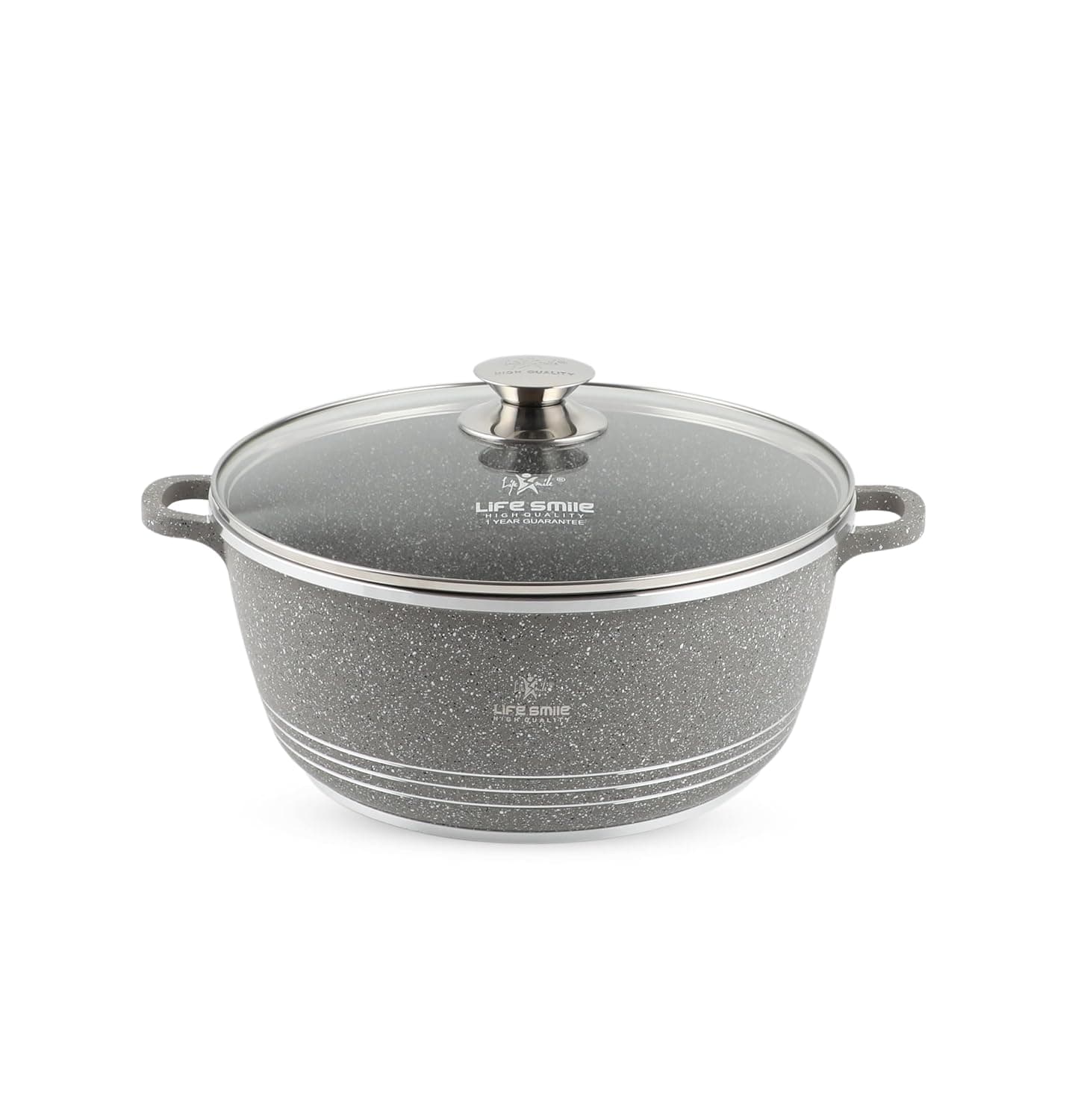 LIFE SMILE Cooking Pot With Lid | Die Cast Aluminum Soup Pot With Glass Lid | 100% PFOA Free, Fixed Handle | Multi Layer Non-Stick Granite Coating | oven safe (Grey, 6.7 Liters)