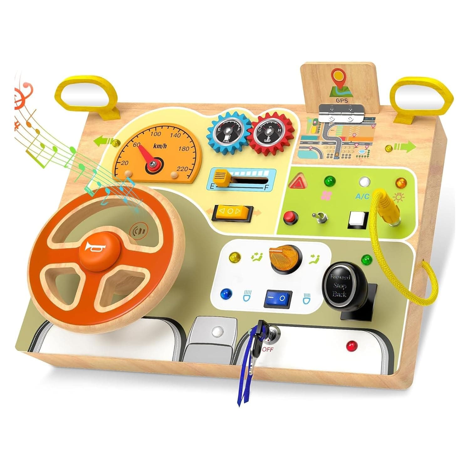 Baby Wooden Busy Board, Montessori Toddler Steering Wheel Interactive Pretend Play Sensory Toy with LED Lights Switch Educational Activities Toys for Toddlers Children and Kids