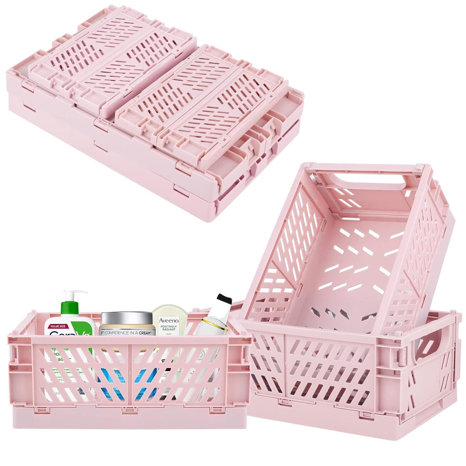 Plastic Baskets for Desk Organizing, Drawer Organizer, 2 Medium+2 Small Durable Folding Storage Crate for Home Kitchen Classroom Office Bedroom and Bathroom (Pink)