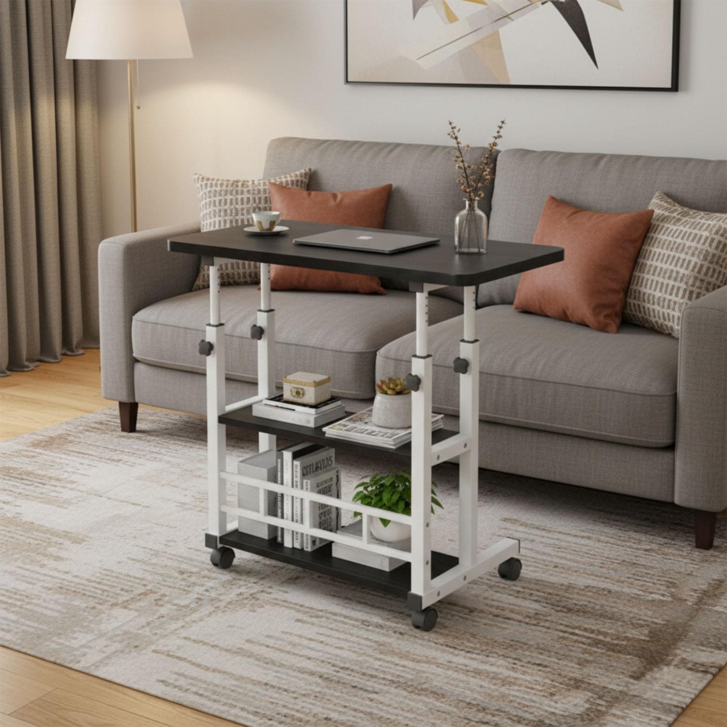 LinJie Home Office Table,Rolling Whee Adjustable Height Mobile Computer Desk,Multifunctional Side Table,Stable And Durable 80 * 40 * 60-90cm, For Home And Office Work Study Reading (Black)
