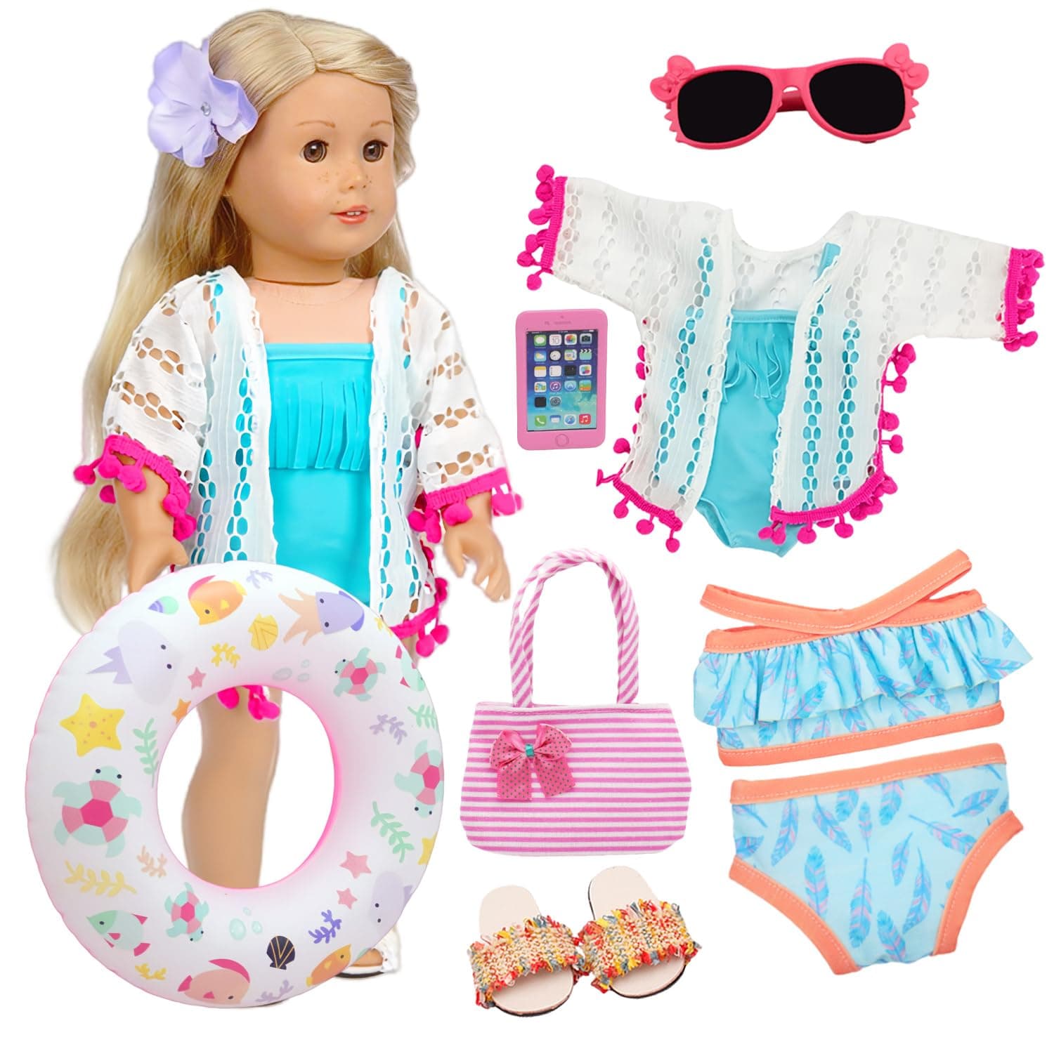 18 Inch American Doll Accessories, 18 Inch Fashion Doll Swimming Play Sets for American 18 Inch Girl Doll Including Doll Clothes Swimsuit Sunglasses Phone Shoes