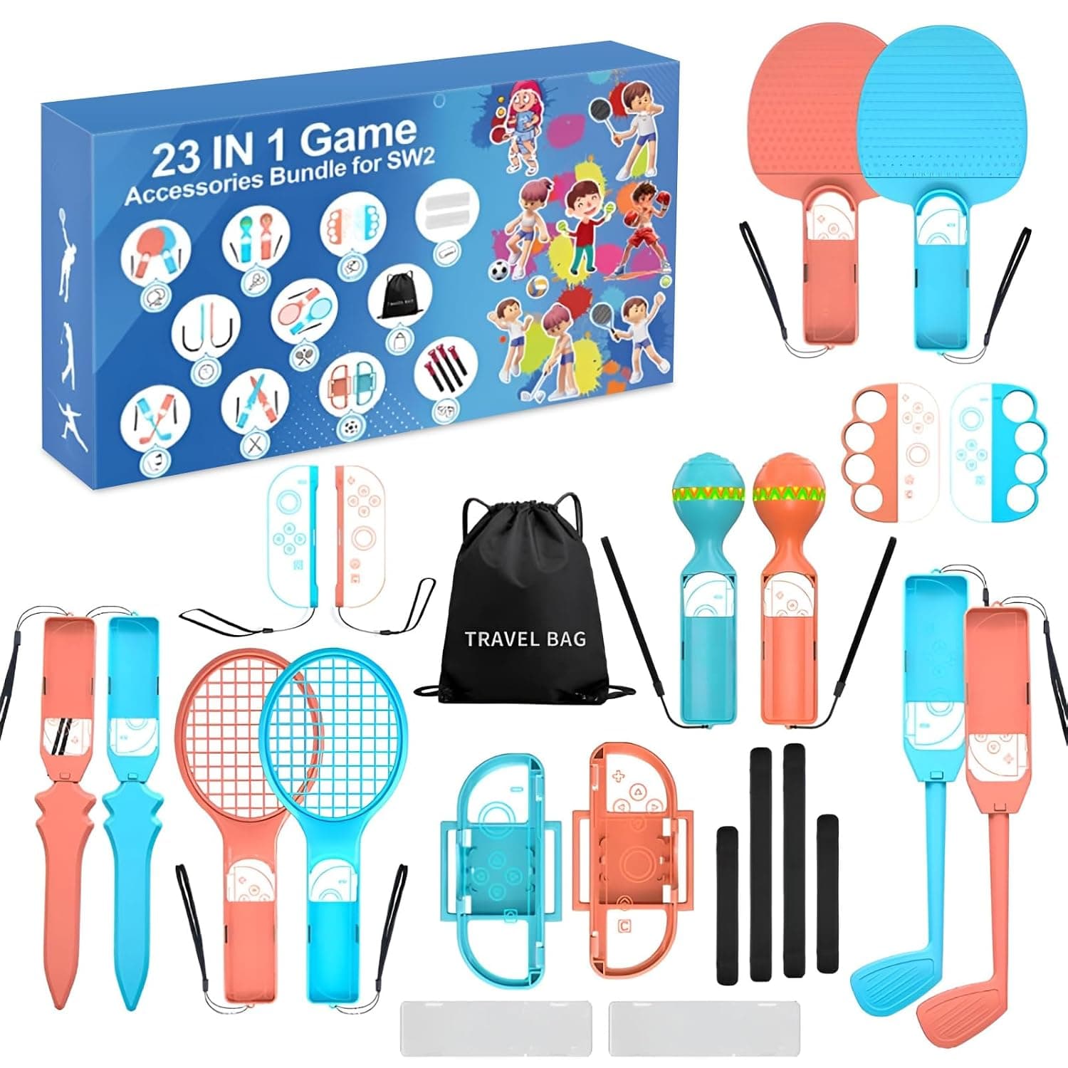 Zurligi for Nintendo Switch 2(2025) Sports Game Bundle 23 in 1 Family Party Kit with Tennis Rackets, Golf Clubs, Sword Grips, Wrist Bands, Leg Strap & More for Switch 2 Sports Games, Free storage bag