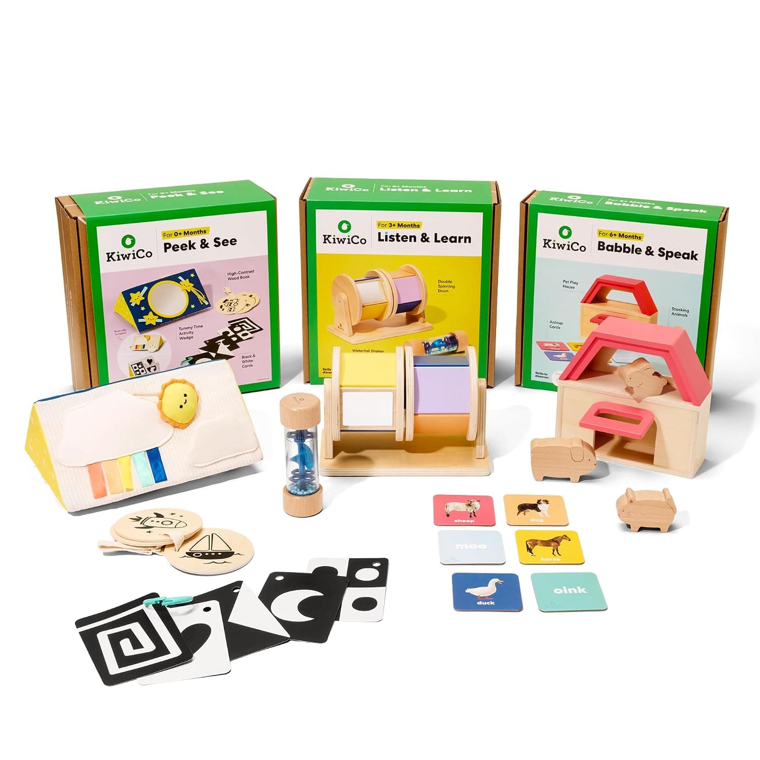 KiwiCo Early Baby Learning Bundle: Visual Tracking Mirror & Auditory Discovery Set, Speech Development Animal Stacker– 3-Piece Baby Gift for Ages 0+