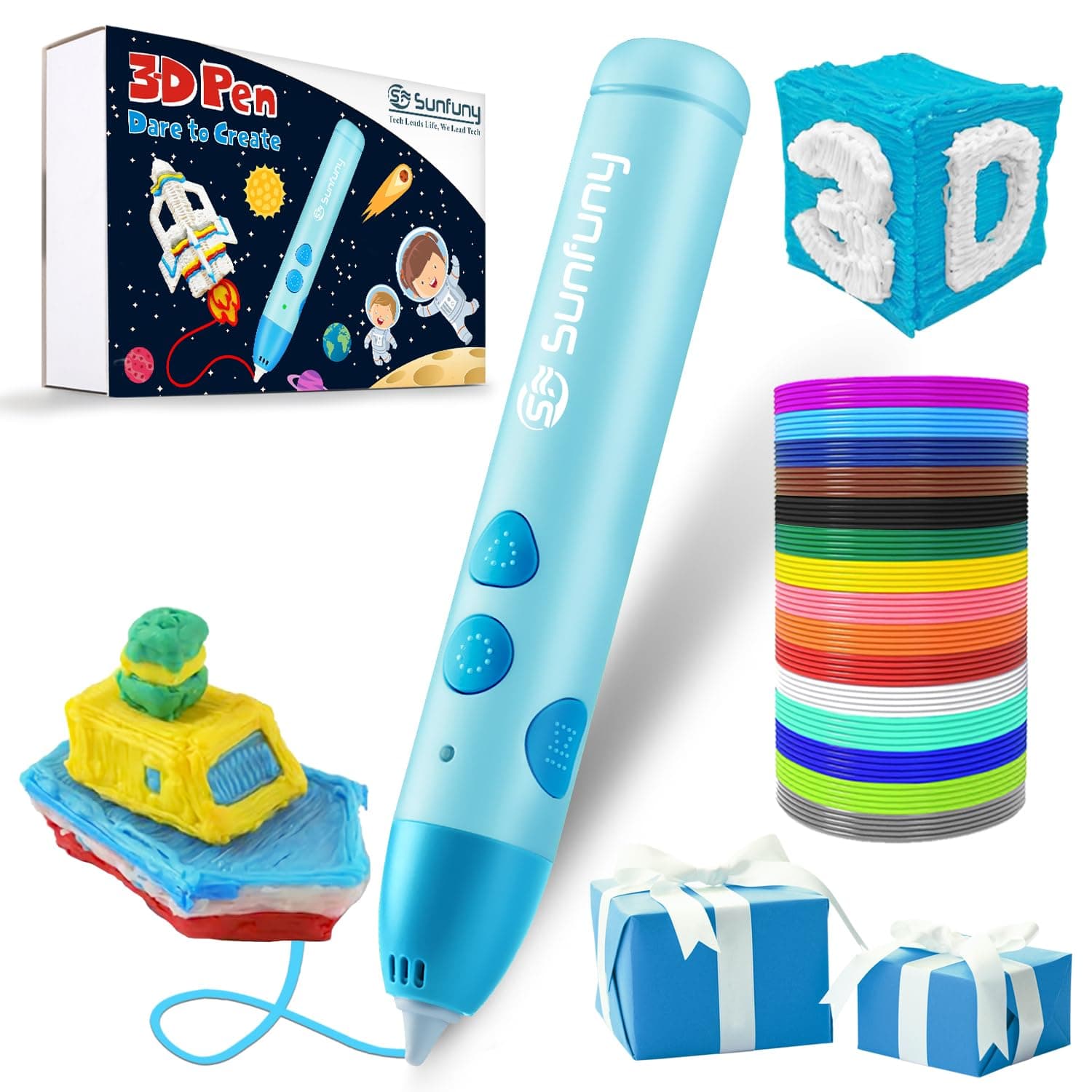 3D Pen Kid, Wireless 3D Printing Pen Printer,140ft PCL Filament Refill,Blue | Safe Low Temperature, USB Charging Rechargeable 3-Dimensional Graffiti Doodler, 3-D Drawing Craft Set Toy, Gift for Kids Teen