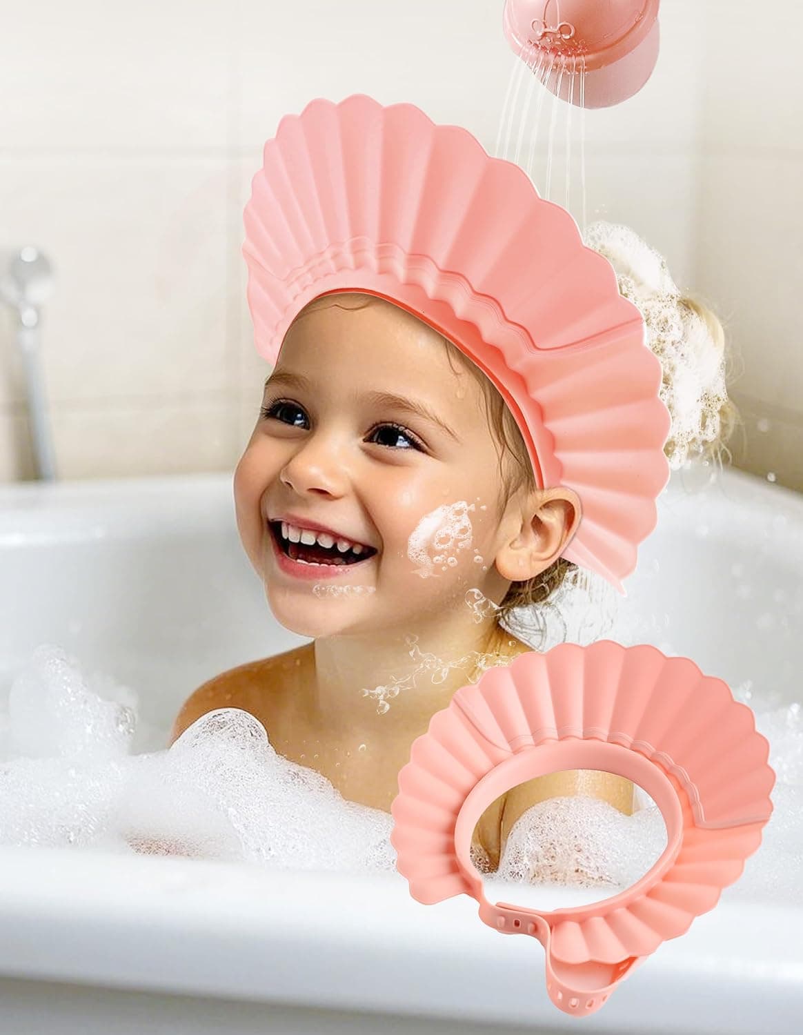 Children's Shower Cap - Eye Protection Hair Washing Child Protection - Adjustable Baby Shampoo Protection - 22 Adjustment Holes for Children from 6 Months to Adults (Pink)