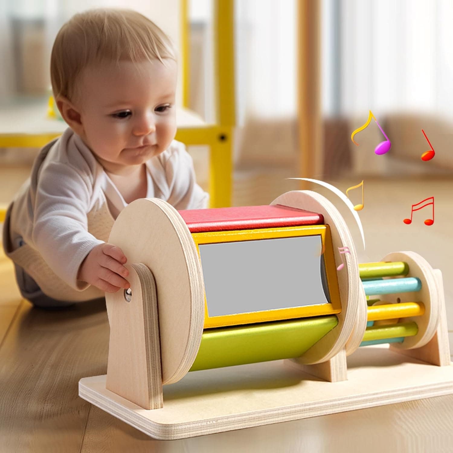 Soofam Baby Toys 6-12 Months, Montessori Toys for Babies, 2-in-1 Newborn Tummy Time Playful Learning Toys with Spinning Drum and Rolling Bell, Wooden Toys for 1 Year Old