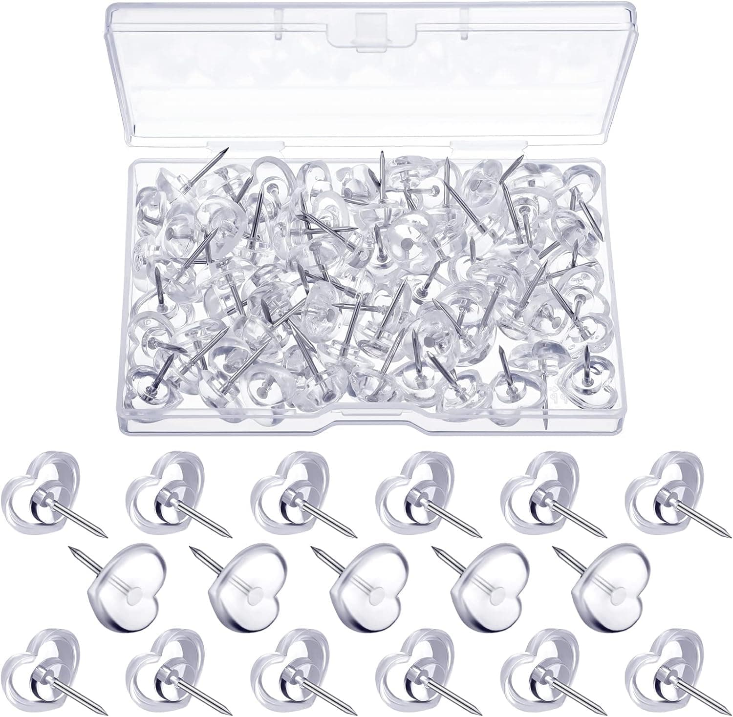 Heart Clear Push Pins for Cork Board, Transparent Heart Shaped Thumb Tacks Plastic Decorative Push Pins for Posters, Office, Photo Maps, School, Classroom Supplies (100 Pieces)