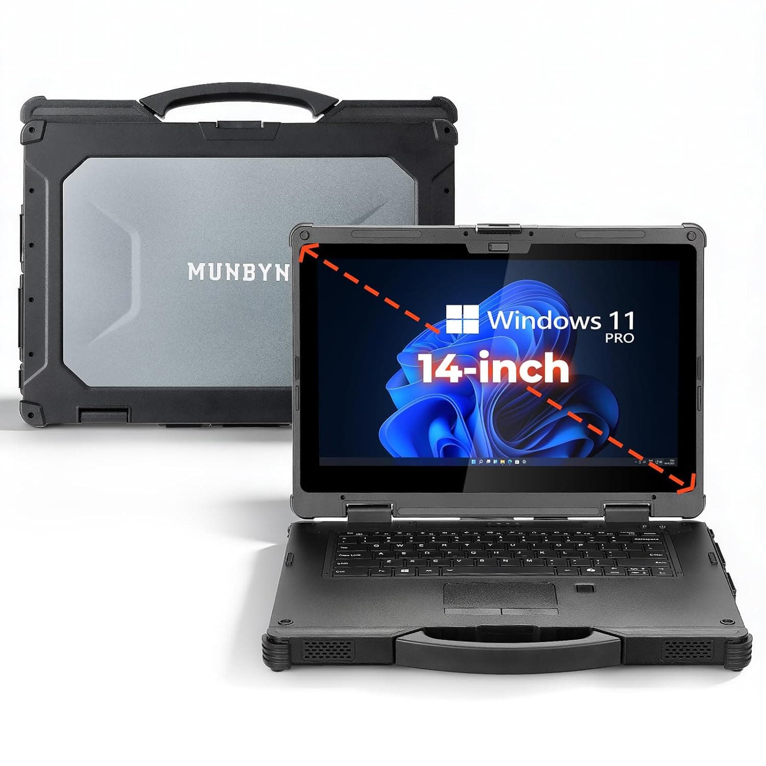 MUNBYN 14" Rugged Laptop Windows 11 Pro, Intel i5, 16GB+512GB, Heavy Duty Laptop, Wi-Fi 6, 4G LTE Rugged Laptop Computer, 1000Nit Outdoor Laptop, Dual Battery, 2Y Protection(New)