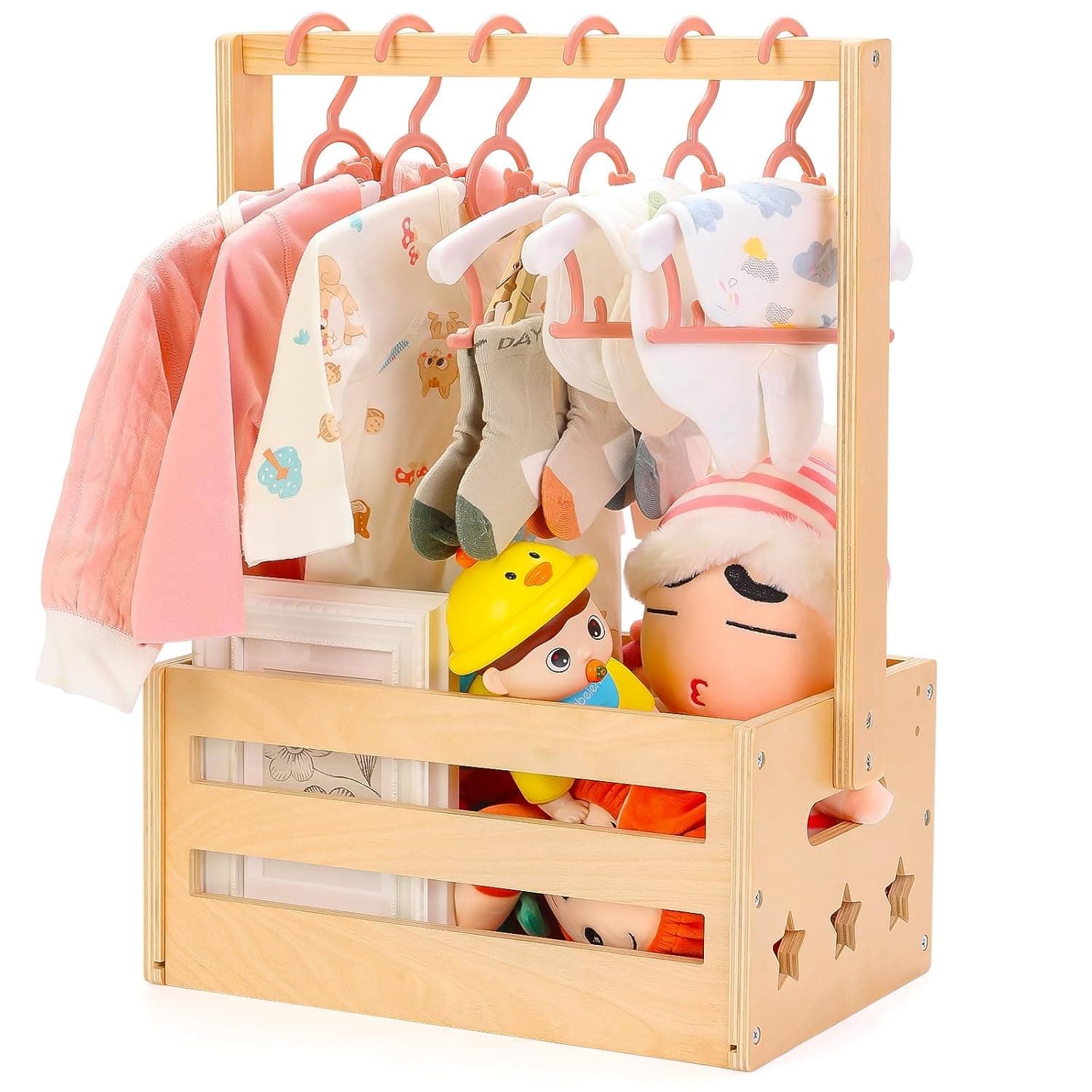 ALMEKAQUZ Wooden Baby Shower Crate Closet, Gifts Basket for Baby Shower Gifts, Baby Storage Crate Hamper with Handle, Welcome Gift Basket for Newborn Boys Girls