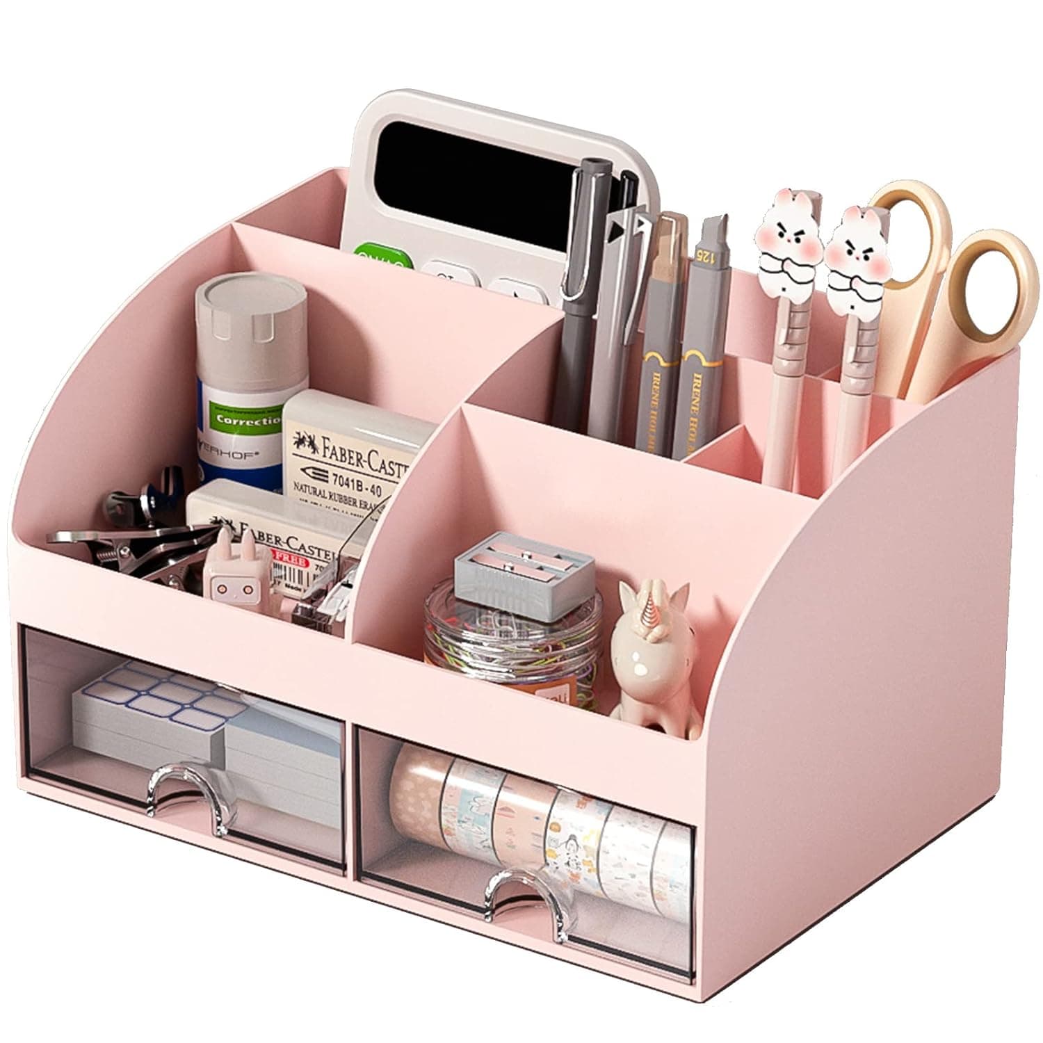 COMFYROOM Desk Organizer with 6 Compartments and 2 Drawers, Plastic Makeup Organizer, Pen Holder for Desktop Storage, Desk Organization for School, Home, Office Supplies (Pink)