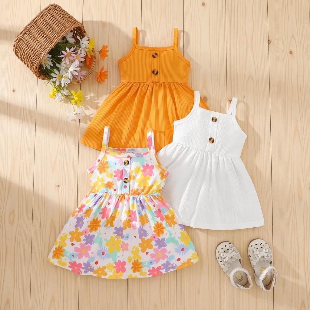 Baby Girl 3 Pack Summer Dresses Spaghetti Strap Button Front Sundress Set Multi-Colored