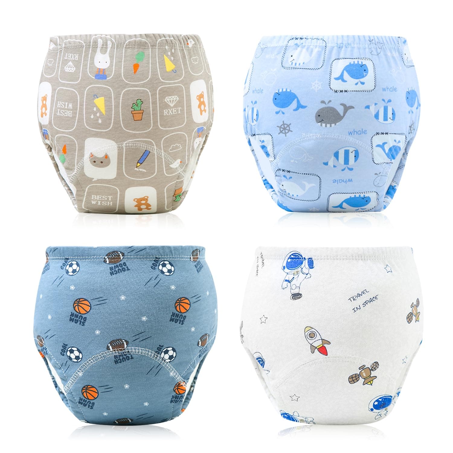 ANYOUI 4PCS Baby Potty Training Pants, Breathable Potty Training Underwear, Strong Absorbent Cotton Training Pants,Toddler Training Underwear for 0-3 Years Boy and Girls, Reusable Diapers, L