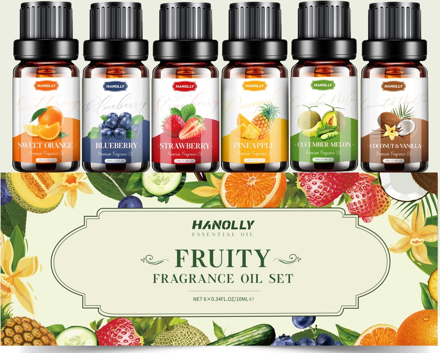 Hanolly Fruity Essential Oils Set 6 x 10 ml, Natural Pure Aromatherapy Oil Fragrance Oils for Diffuser, Candle Making - Strawberry, Blueberry, Coconut & Vanilla, Pineapple, Sweet Orange, Cucumber | Natural Essential Oil for Aromatherapy Diffuser, Massage, DIY Candle, Spa, Ideal Handmade Gift for Parties