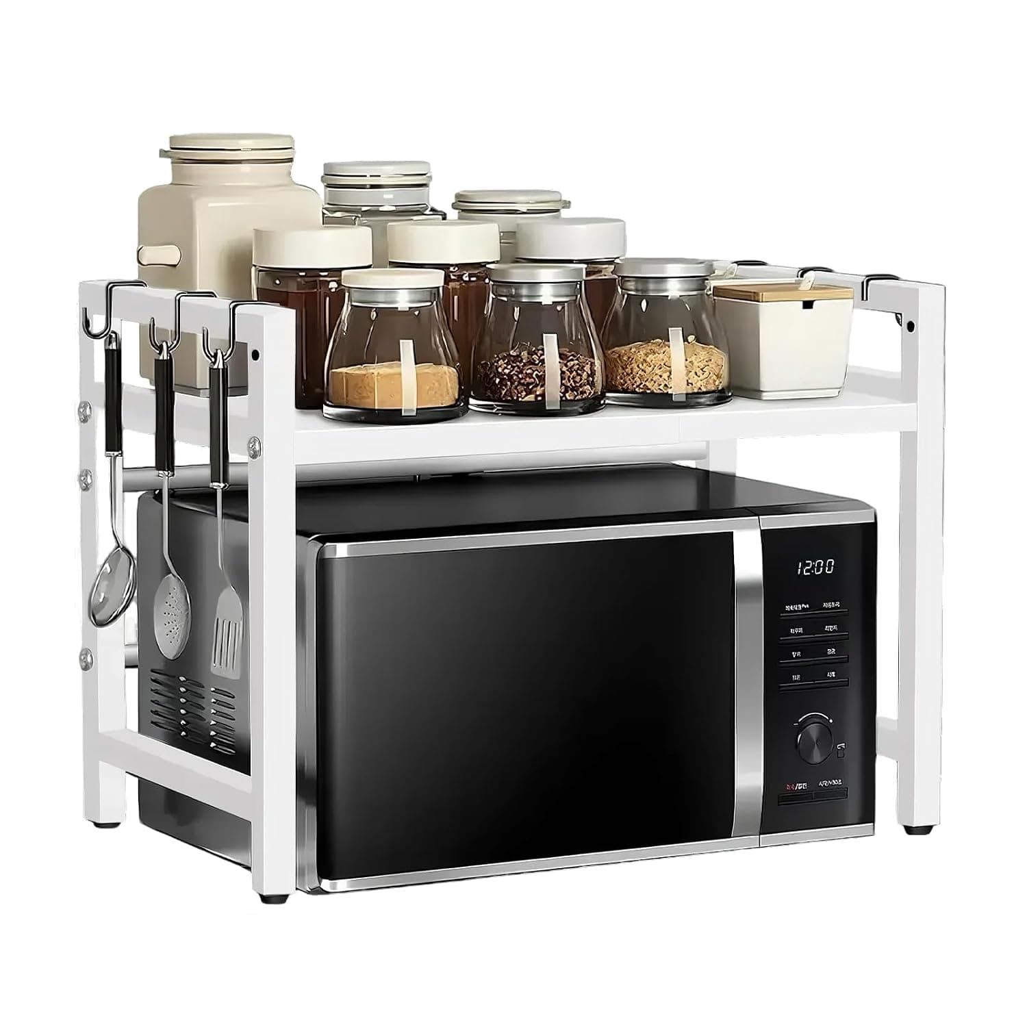 U HOOME 2 Tier Microwave Oven Rack, Expandable Microwave Oven Stand with 6 Hook,Kitchen Storage Rack Utensils Tableware Storage Shelf, Microwaves Shelf Countertop Organizer Bakers Rack (3)
