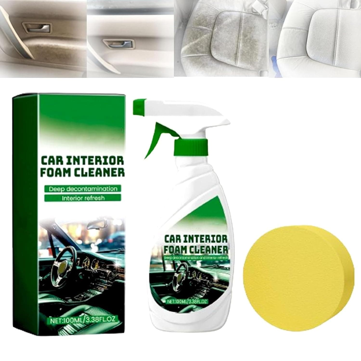 Effective Car Interior Foam Cleaner with Sponge, Multipurpose for Leather Seats, Dashboards, Paint Care, Stain Remover, Upholstery Cleaner, Cleaner Spray Bottle, Protectant for Cars, Trucks