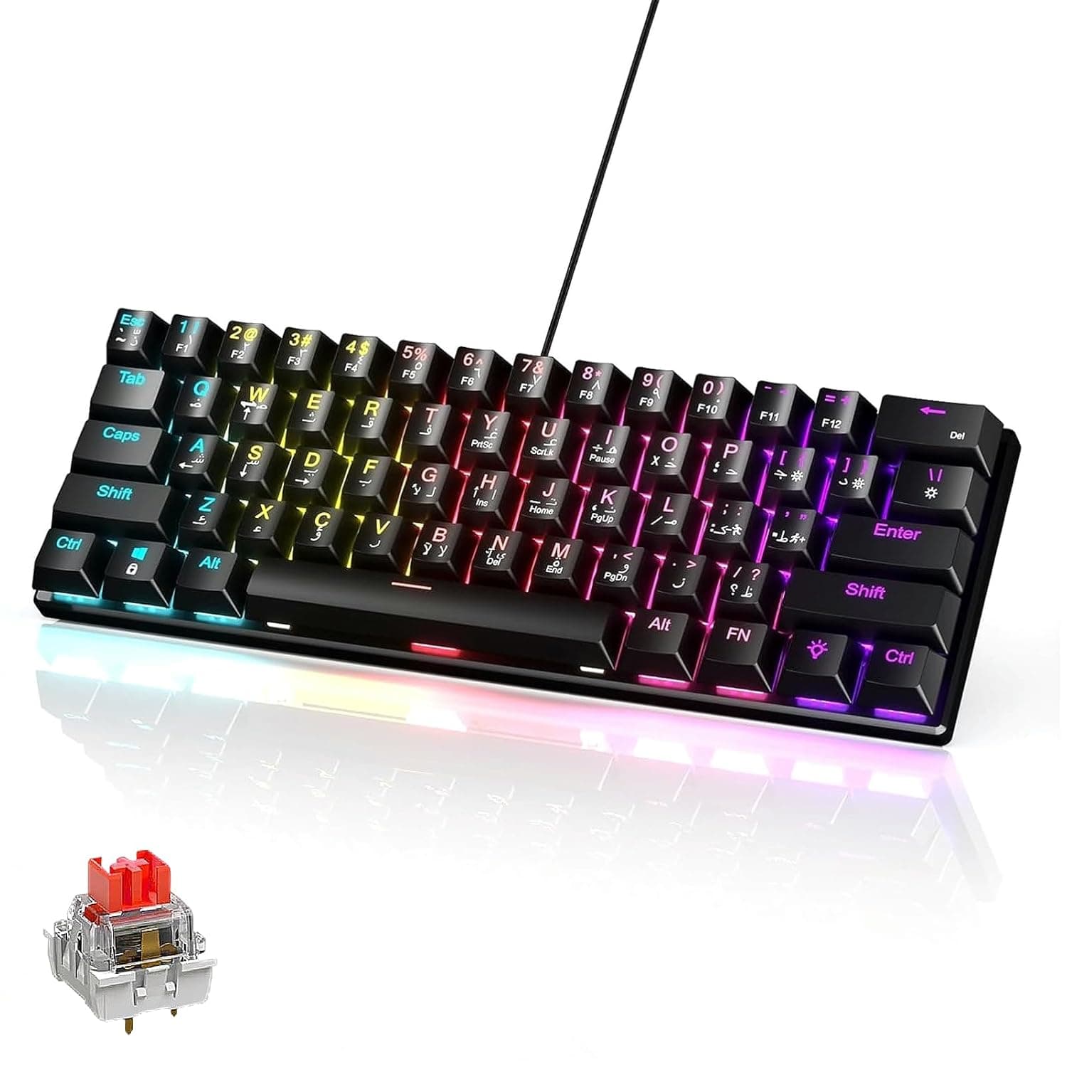 كيبورد ميكانيكي للكمبيوتر 61 مفتاحًا، كيبورد سلكي صغير الحجم قابل للحمل بإضاءة هجينة بلون أحمر، يدعم إدخال اللغتين الإنجليزية والعربية، ماك اي سبورتس، أسود، من يوركربو