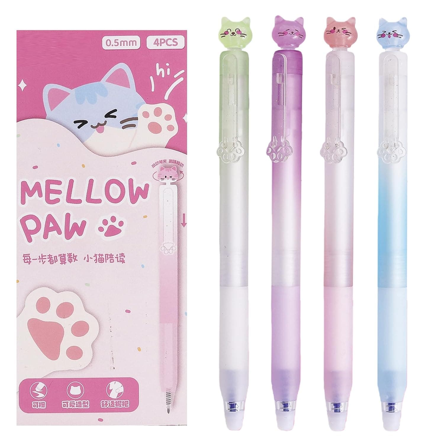 MOZXIRZ 4 Pcs Cute Erasable Gel Pens Cat Retractable Pens Cartoon Kitten Erasable Pen 0.5mm Blue Ink Writing Pen for Women Girls Boys Office School Supplies (Erasable Pens-Blue Ink)