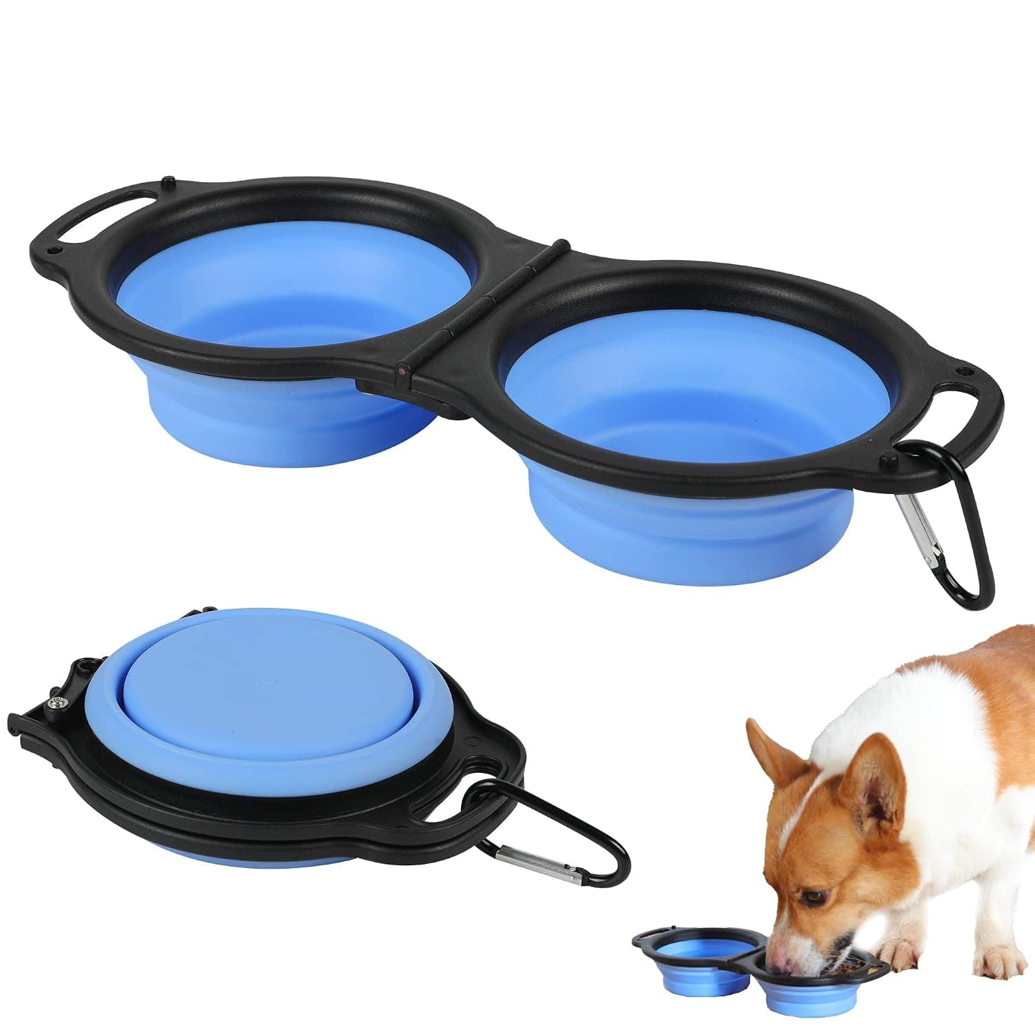 Collapsible Dog Bowls, Portable Travel Pet Feeder Bowl, 2 in 1 Expandable Silicone Pet Food & Water Double Bowl, Cat Feeder Dish with Carabiner for Walking, Traveling, Hiking, Camping（Blue）