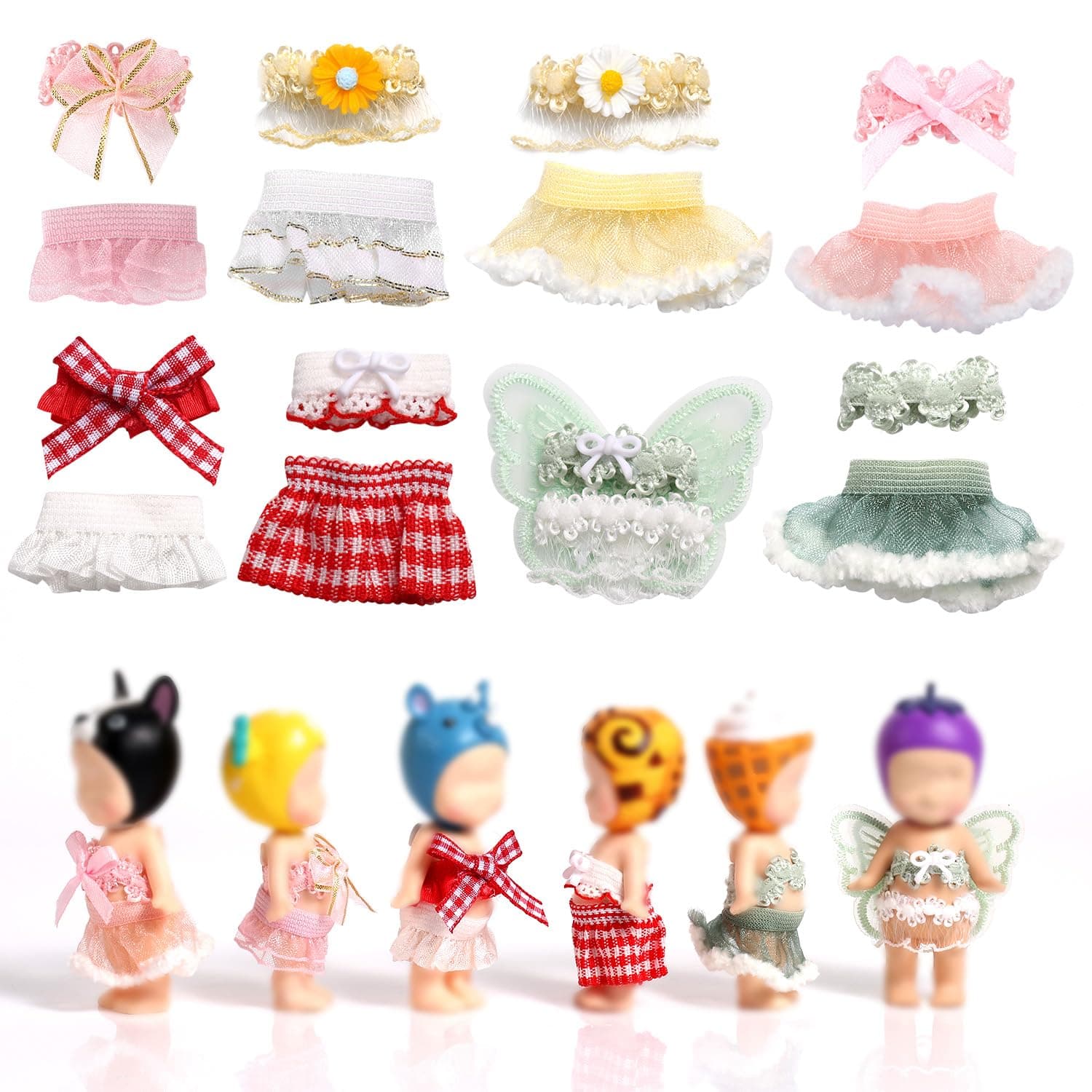 8 Set 7.62cm Doll Clothes for Sonny Angel, Collectible Clothes for Adults with Tops and Skirts Doll Accessories for Decoration and Display (Yellow, Green, Red, Pink)