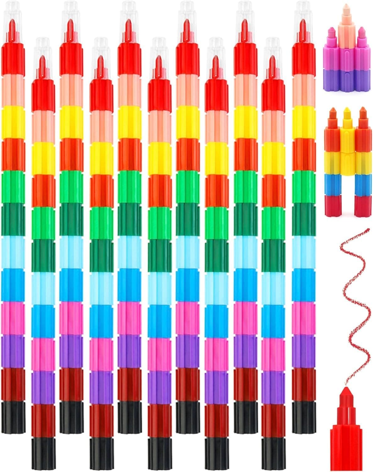 Stacking Crayons, 12 Color Buildable Drawing Crayons for Kids and Adults, Vibrant Non-Toxic Crayon Set for School Art Projects DIY Crafts Birthday Party Favors Creative Rainbow Painting, 15PCS