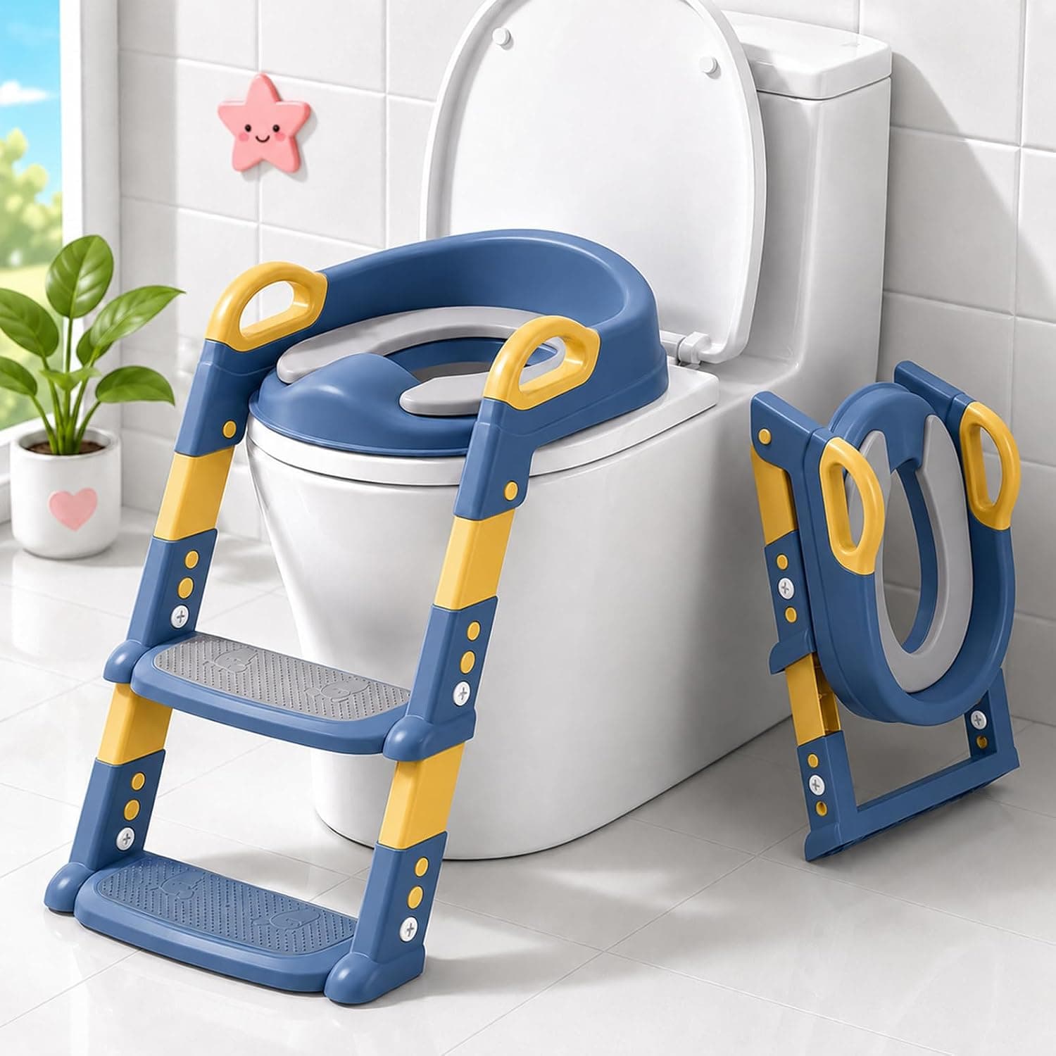 Potty Training Seat with Step Stool Ladder, STEUGO Potty Training Toilet for Kids Boys Girls,Comfortable Safe Potty Seat with Anti-Slip Pads Folding Ladder(Blue)