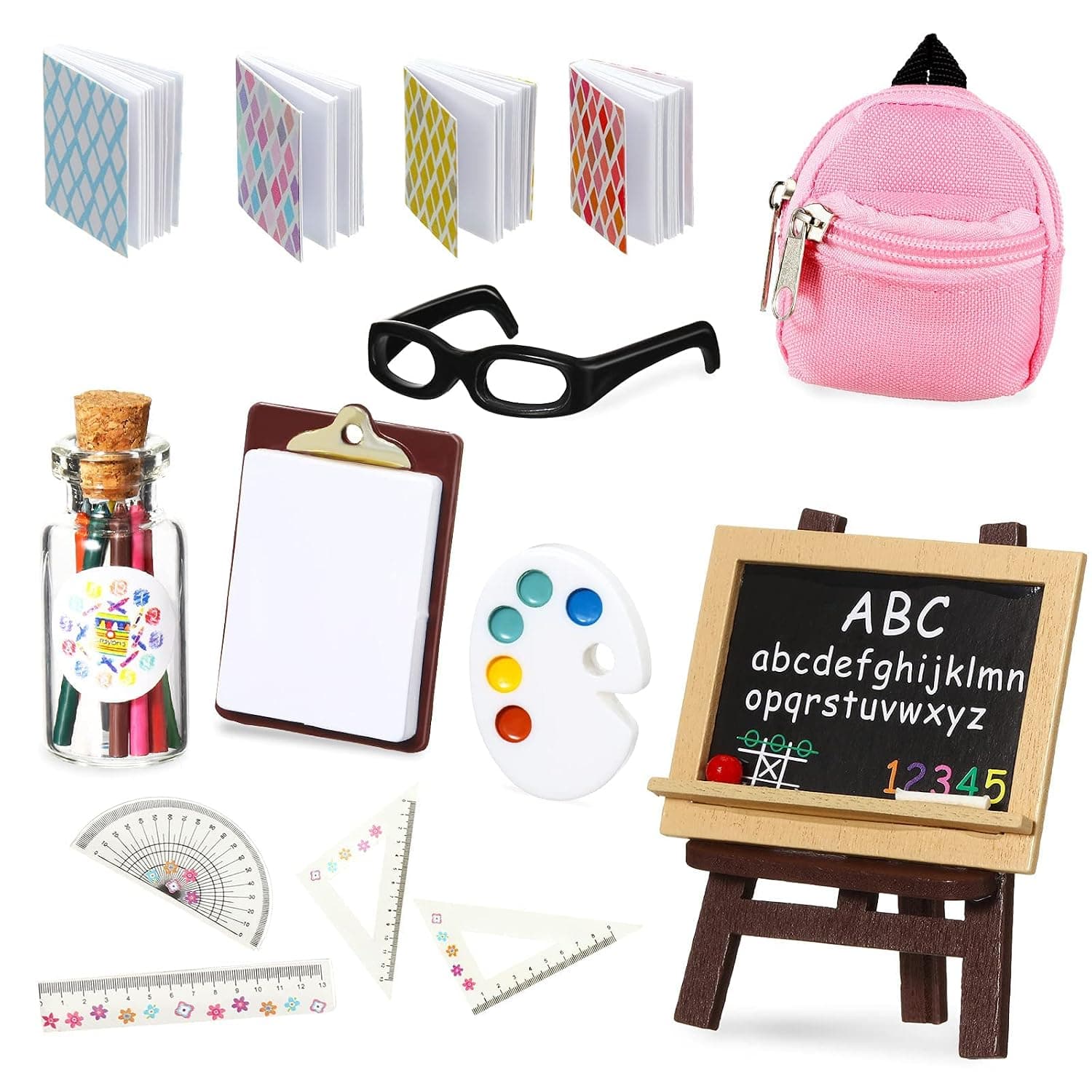 Doll School Supplies Mini School Supplies, Mini Doll Backpack Glasses Blackboard Miniature Books Palette Paper Clipboard Pencil Doll Rulers Doll Accessories (8 Pieces)