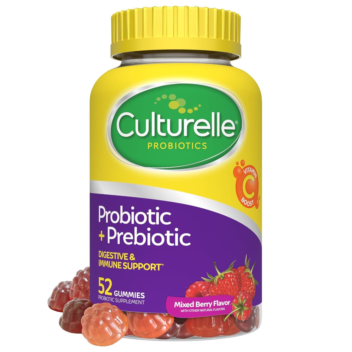 Culturelle Daily Probiotic Gummies for Women & Men, Berry Flavor, 52 Count, Naturally-Sourced Daily Probiotic + Prebiotic for Digestive Health, Non-GMO & Vegan | Supports Immune & Digestive Health*, Synbiotic, Multi-strain Probiotics with Prebiotics & Vitamin C, Take 2 Gummies Daily