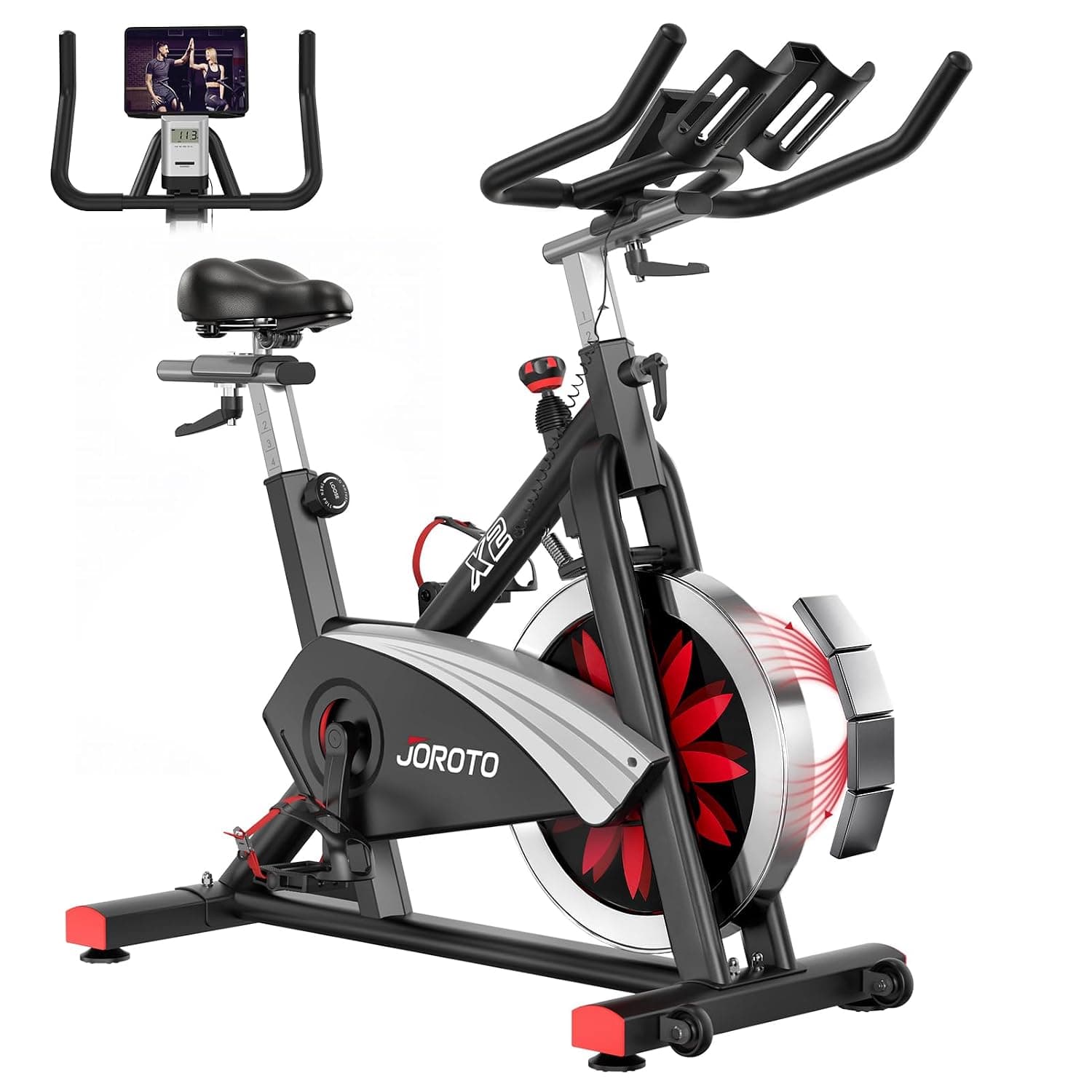 JOROTO Belt Drive Indoor Cycling Bike for Home Gym, Magnetic Resistance, Height Adjustable Seat and Readable Display, 350lbs Capacity Exercise Bike Stationary Bikes, 44 Days Kinomap Membership