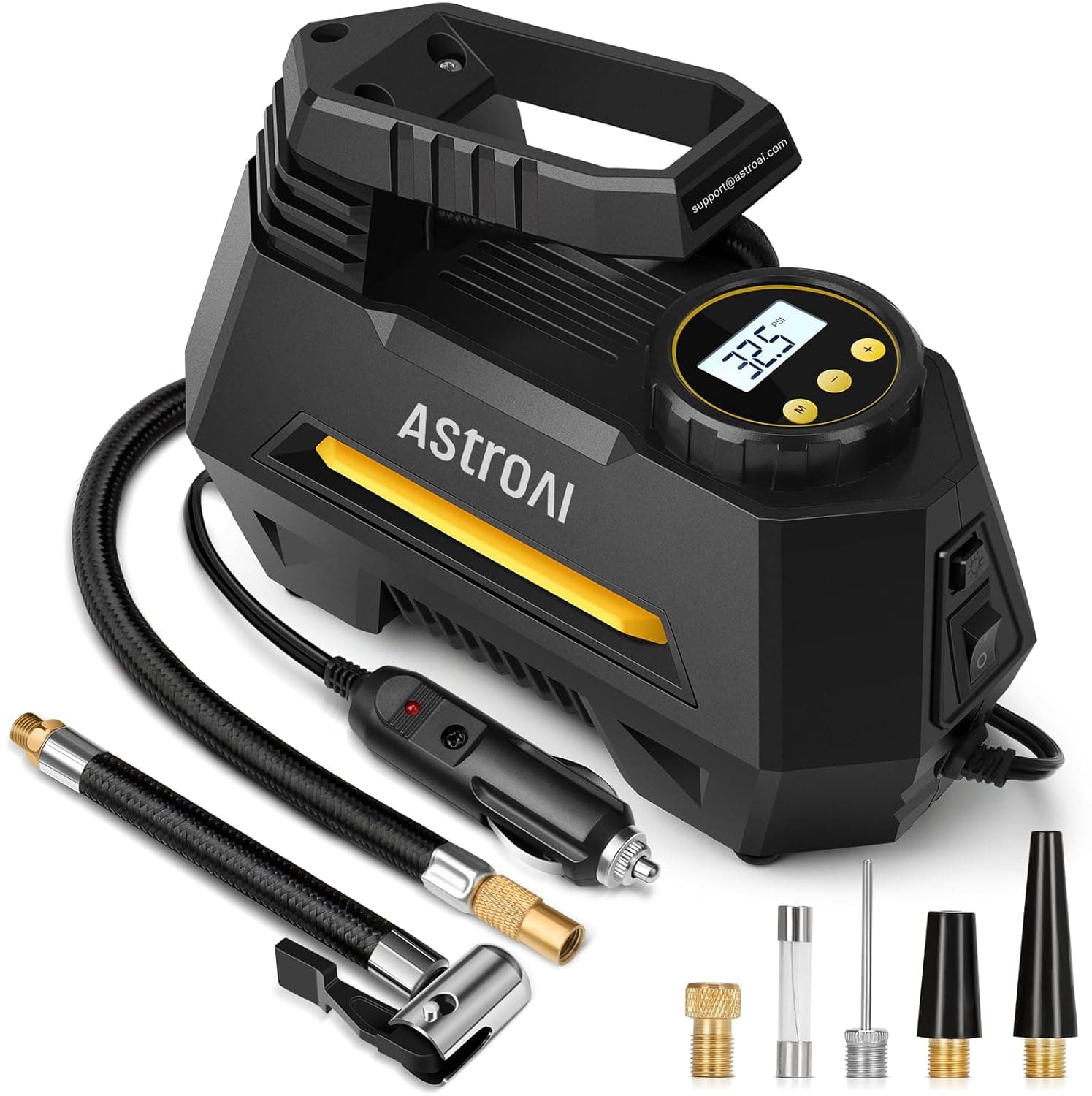 AstroAI Tyre Inflator Air Compressor 12V, Portable Electric Car Tyre Pump with Tyre Pressure Gauge, Auto-Stop Car Air Pump with Valve Adaptors and LED Light, Car Accessories, Yellow