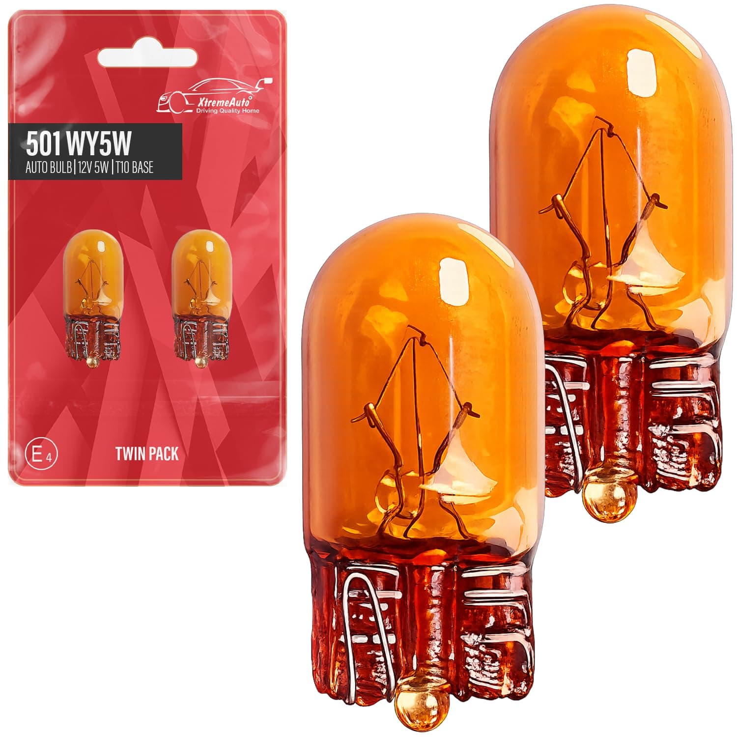 Xtremeauto 2x 501 WY5W Amber Bulbs – 12V 5W W2.1x9.5d Capless Indicator & Side Repeater Car Bulbs, Orange Wedge Light Twin Pack