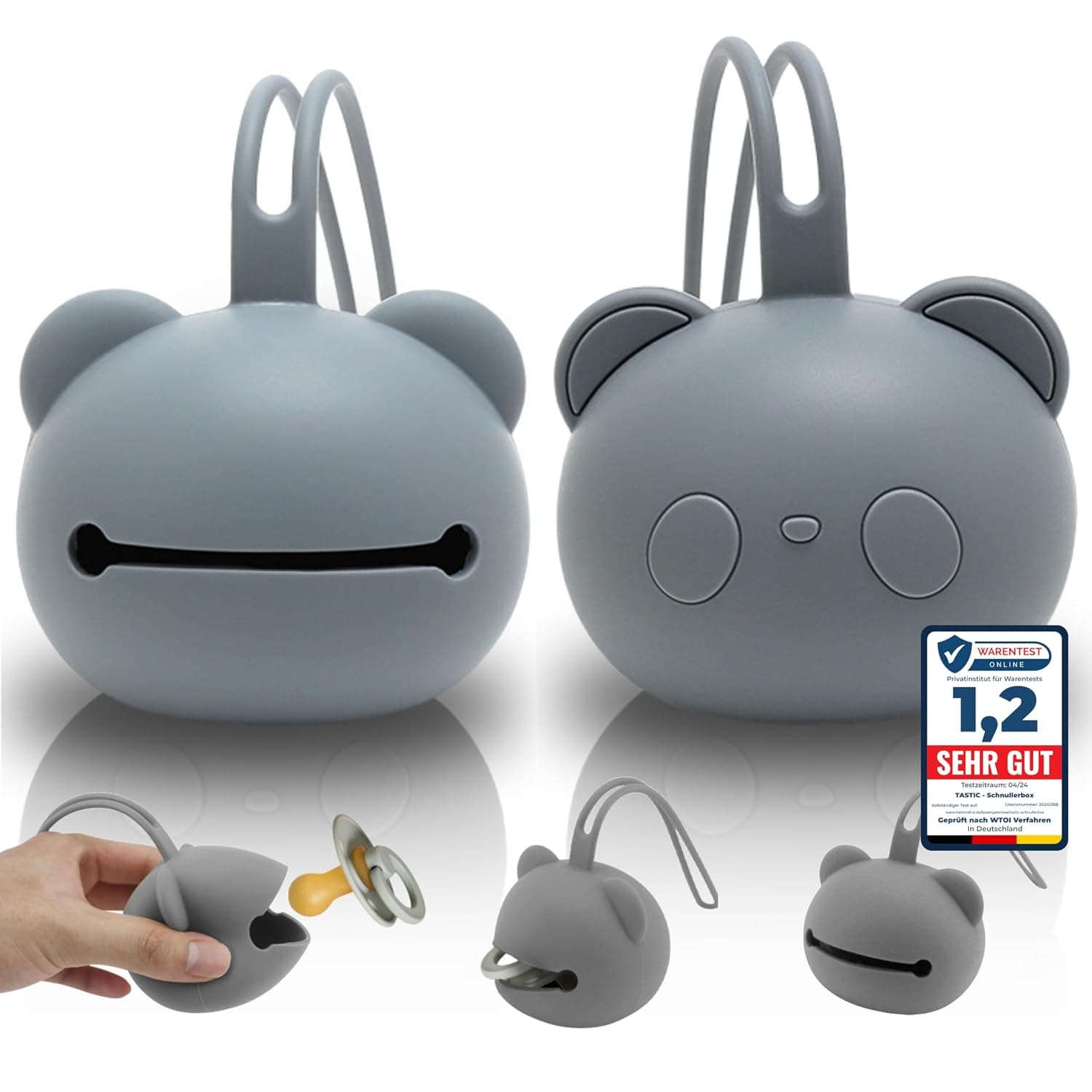 Tastic Baby Dummy Box - Silicone Dummy Box for Travelling in Panda Shape - Dummy Storage BPA Free - Box Versatile and Easy to Clean Grey