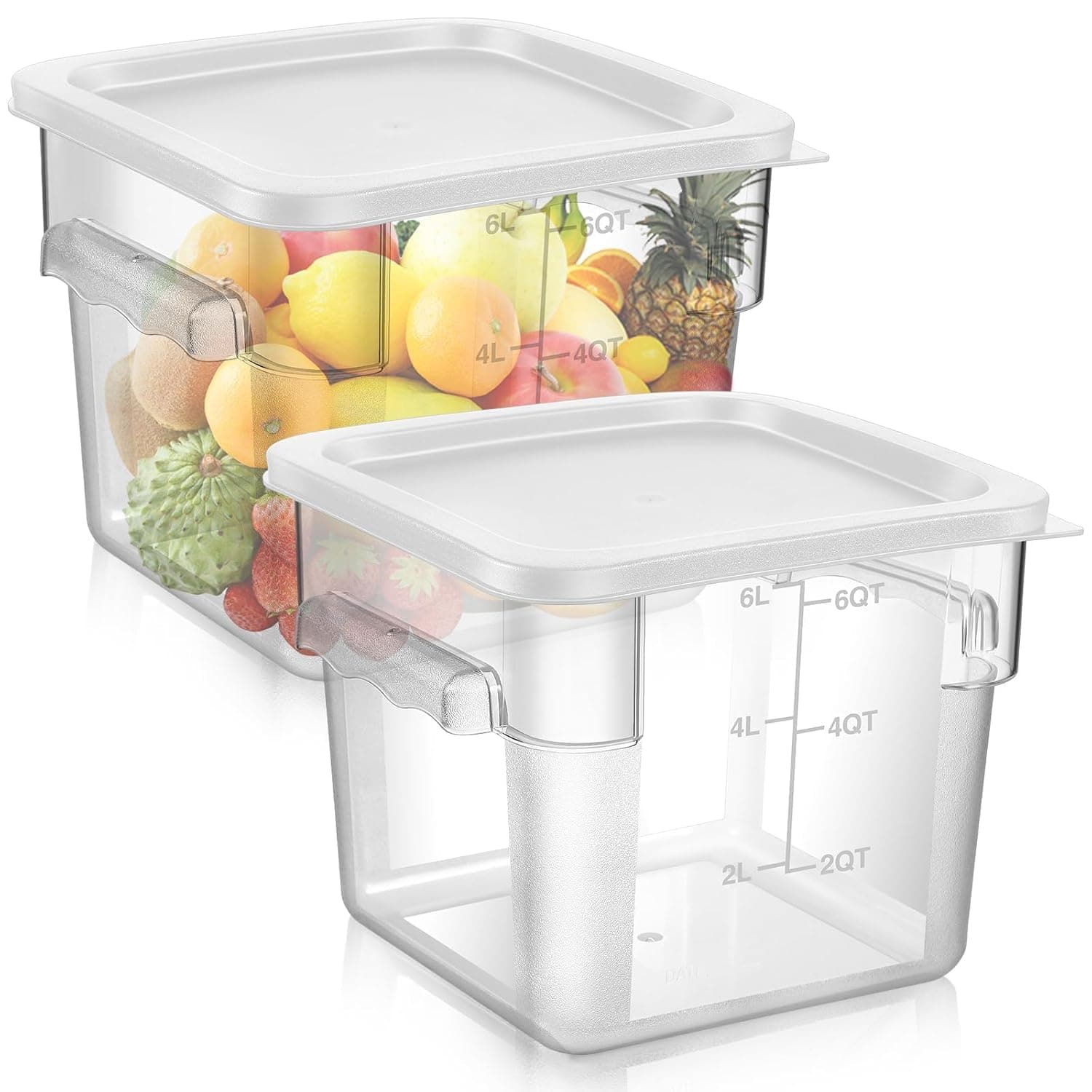 Square Food Storage Container Set 2 Pieces, Polycarbonate Clear Containers with Lids and Graduations, Commercial Kitchen Storage for Dough and Marinated Meat(White,6 Qt)