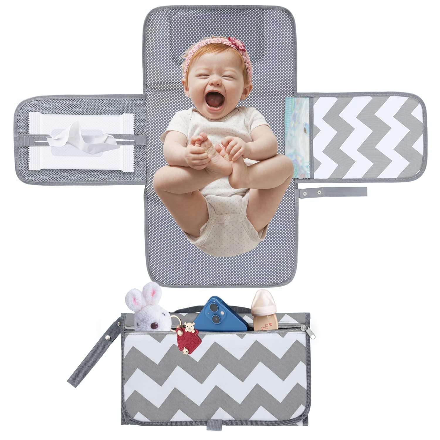 X spring Baby Portable Diaper Changing Pad, 1 Piece Waterproof & Foldable Changing Mat with Smart Wipes Pocket, Travel-Friendly Essential for Newborn Baby Registry, Soft Fabric for Easy-Clean