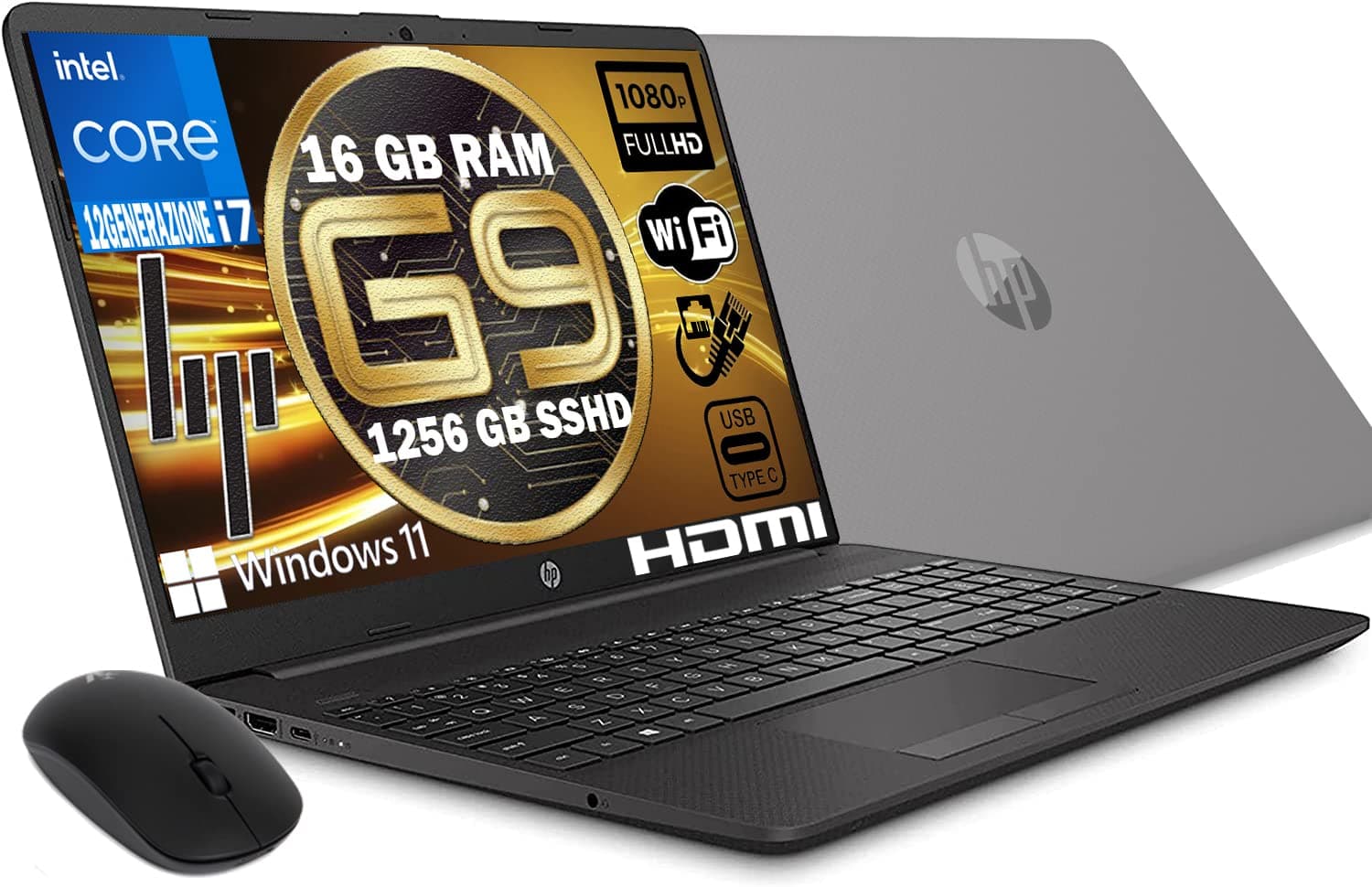 HP Notebook 250 G9 Model 2023, Laptop PC, Grey Intel Core i7 1255U 12Th Gen 4.7Ghz, RAM 16Gb, SSD 1256Gb, 15.6" Full HD Display, Win 11 Pro, Libre Office, Ready to Use Computer, Free MOUSE