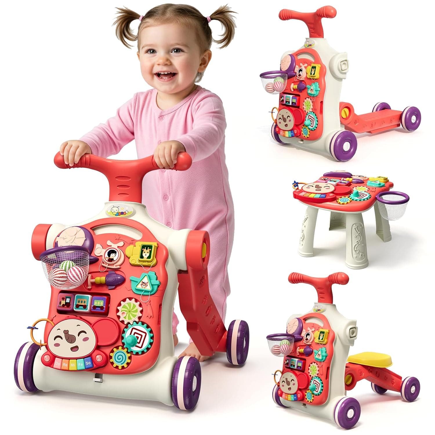 HYES 5 in 1 Baby Walker and Activity Center for Baby Girl, Red