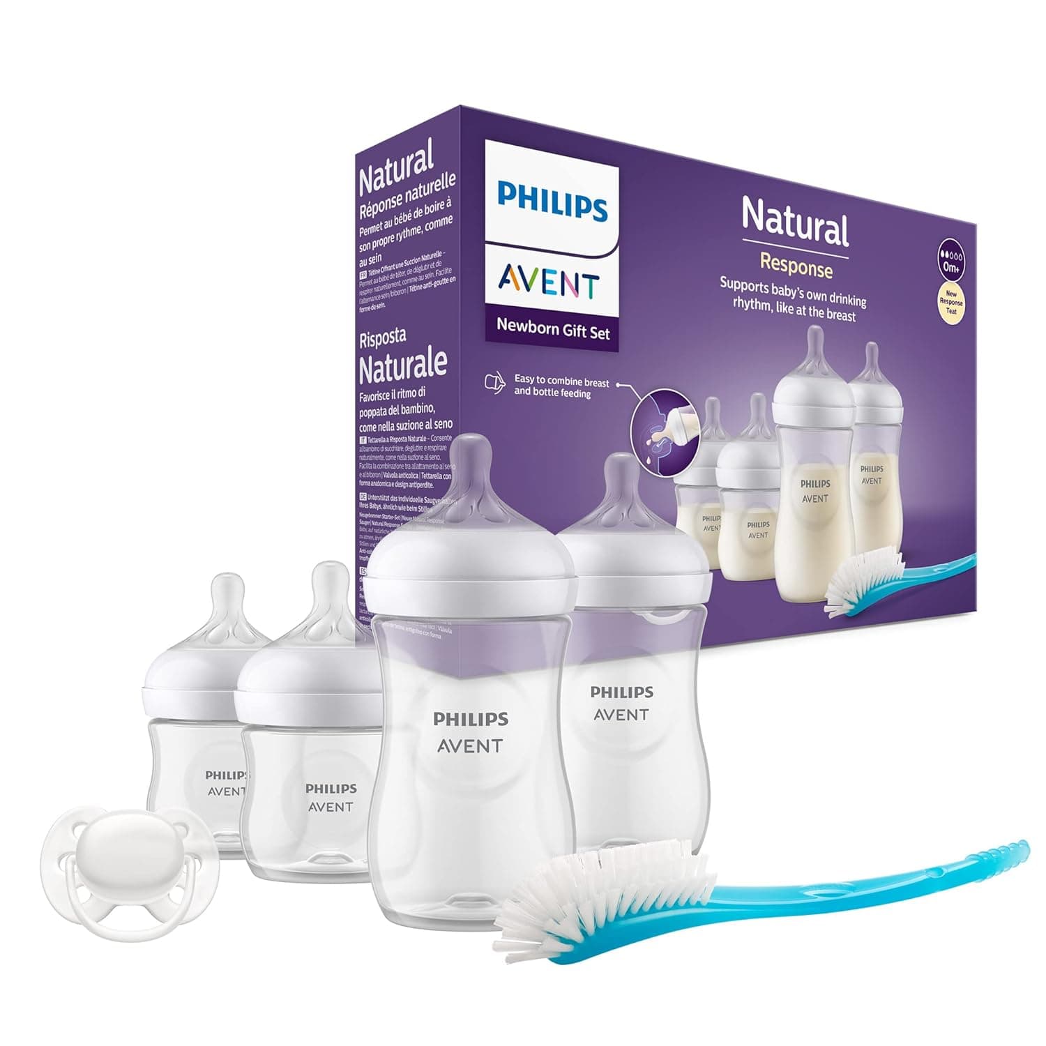 AVENT Philips Baby Bottle Newborn Gift Set - 4 Baby Milk Bottles, Ultra-Soft Pacifier and Bottle Brush, Babies Aged 0-12 Months+ (Model SCD838/11)