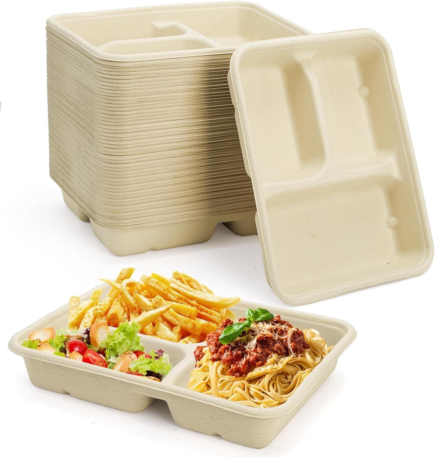 3 Compartment Paper Plates, Natural Sugarcane Compostable Plate, Heavy Duty Lunch Tray, Disposable Divided Sectional Trays, Microwave Freezer Safe for Party School (50 Pcs)