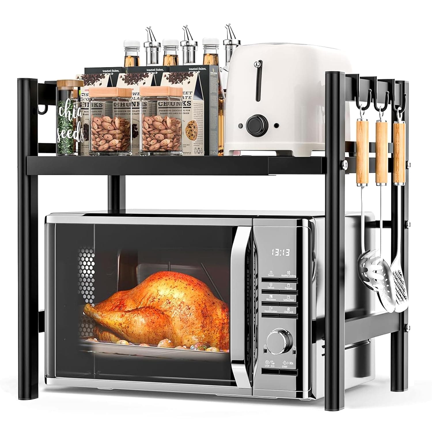 Yoawllty Microwave Stand, Microwave Oven Rack With 6 Hooks, Expandable Horizontal Extension Microwave Shelf, Kitchen Counter Organizer for Toaster Oven Rice Cooker