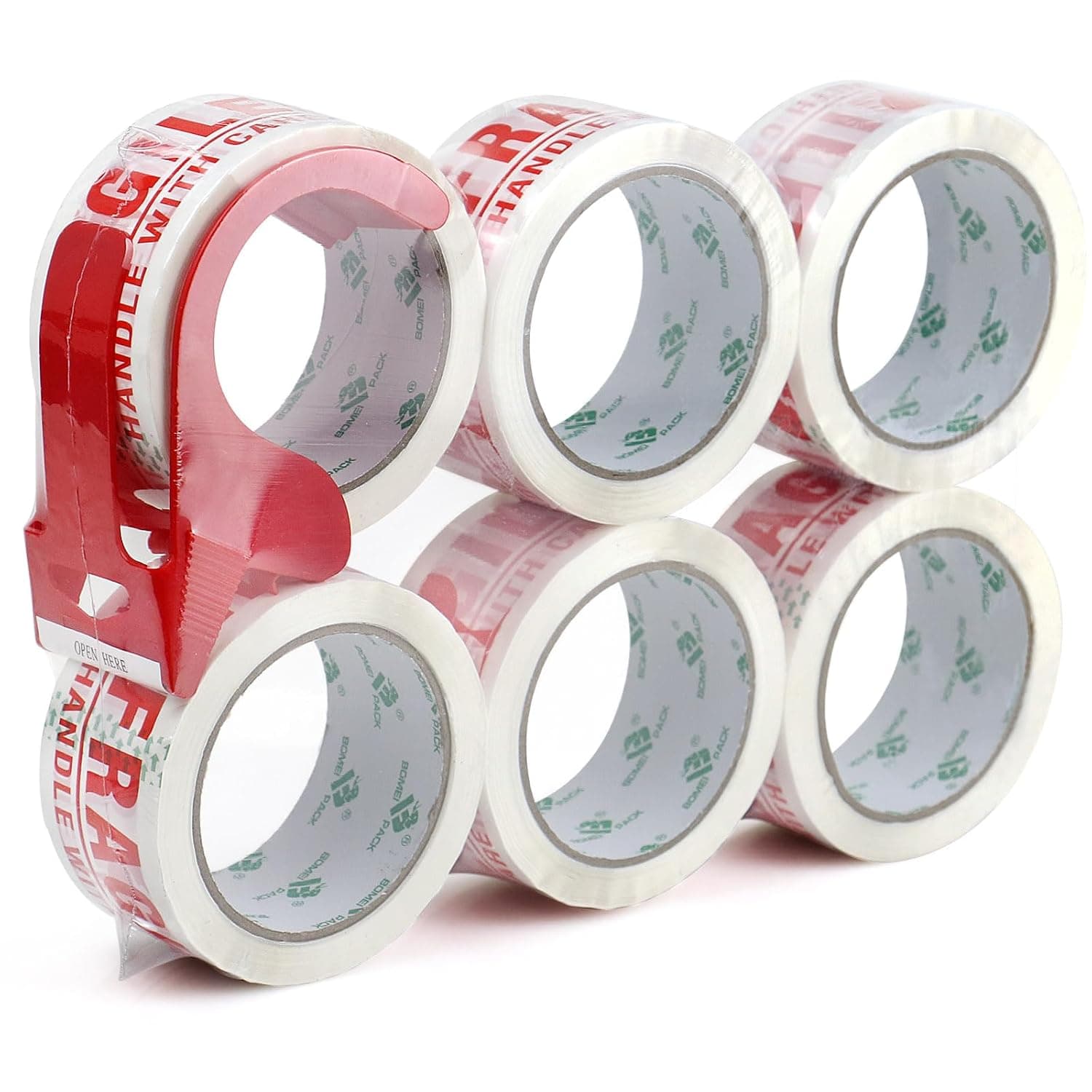 BOMEI PACK Fragile printed Box Sealing Tape 6 Rolls with1 Dispenser 1.88In x 55Y Sticky Box Secure Packing for Heavy Duty Moving boxes Wrapping