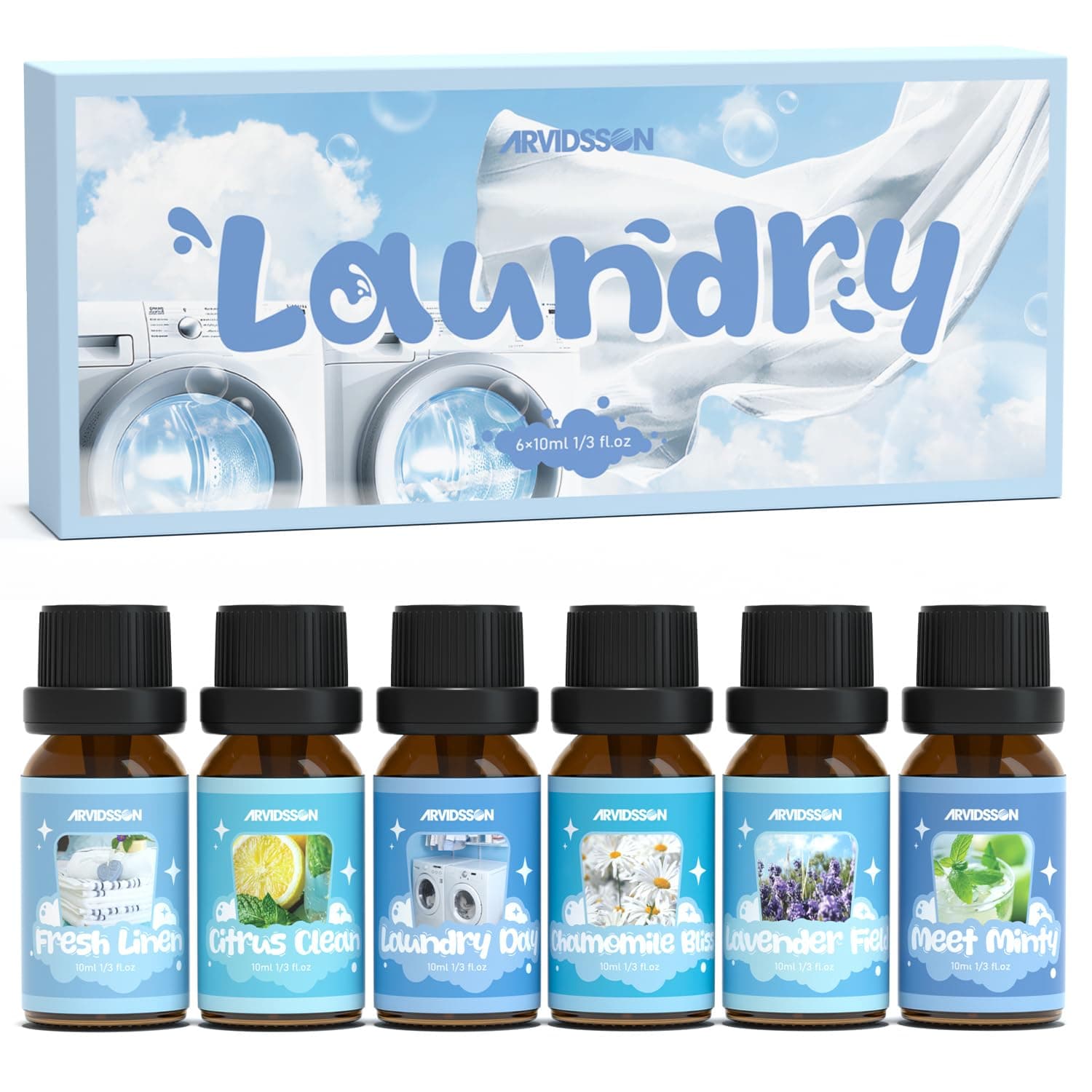 ARVIDSSON Laundry Fragrance Oils, Clean Essential Oils for Home, Use with Wool Dryer Balls or Oil Diffuser, Fresh Linen, Citrus Clean, Laundry Day, Chamomile Bliss, Crisp Breeze, Meet Minty