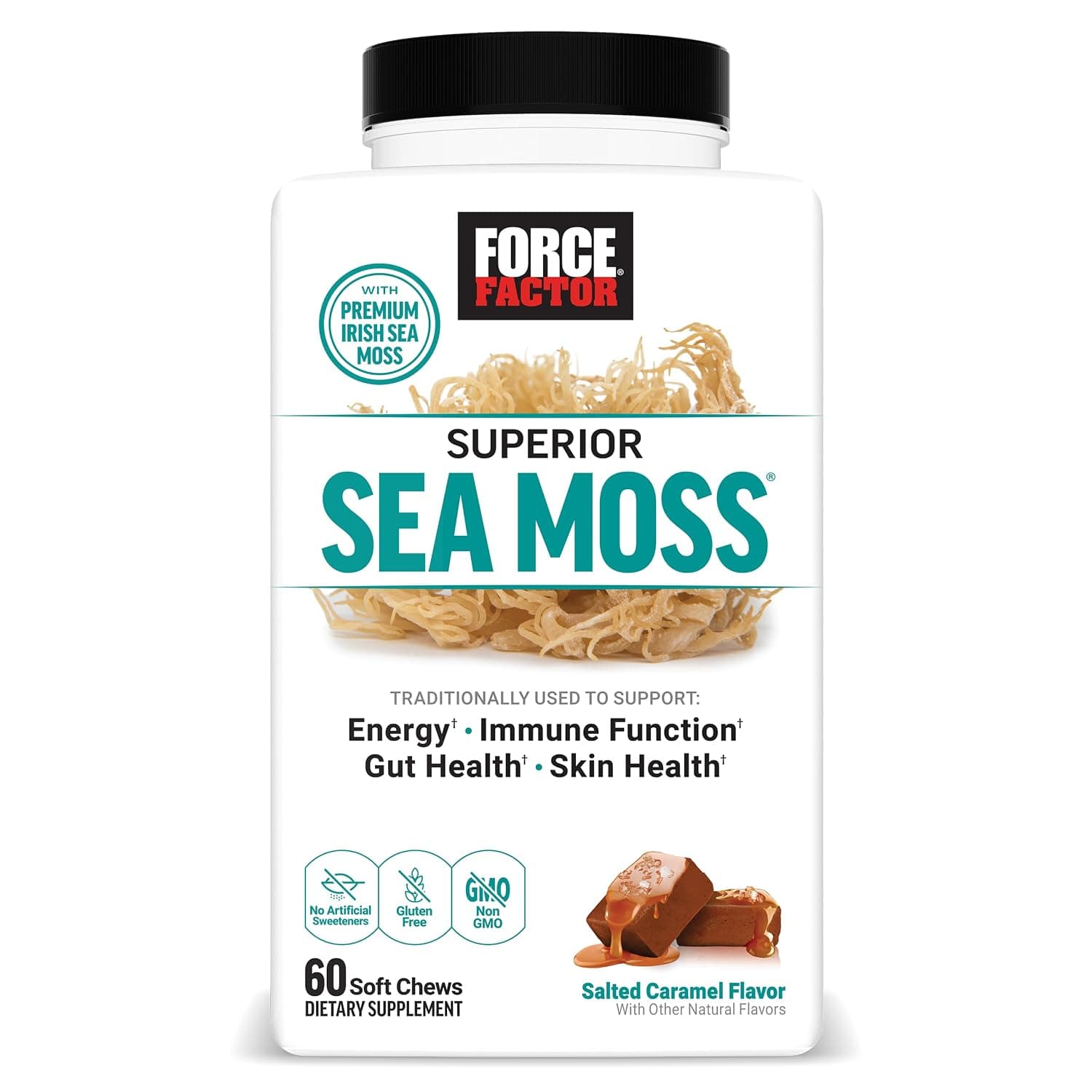 FORCE FACTOR Superior Sea Moss, Premium Irish Sea Moss to Support Energy, Immune Function, Gut Health, & Skin Health, Non-GMO, Gluten Free, Salted Caramel Flavor, 60 Soft Chews