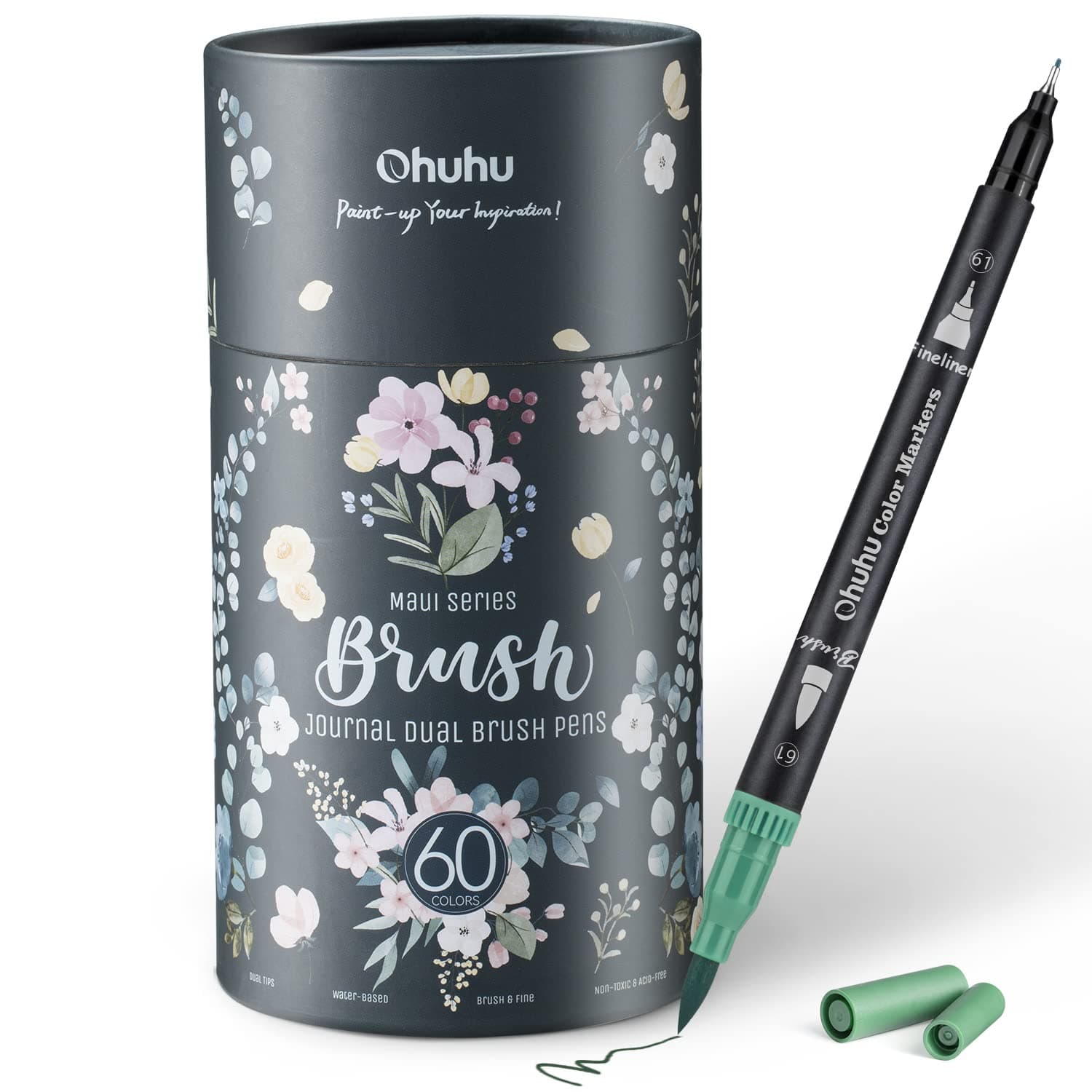 Markers for Adult Coloring, Ohuhu 60 Colors Art Marker Dual Brush Pens, Fine & Brush Tip, Water Based Calligraphy Drawing Sketching Coloring Bullet Journal Markers for Back To School Supplies, Black