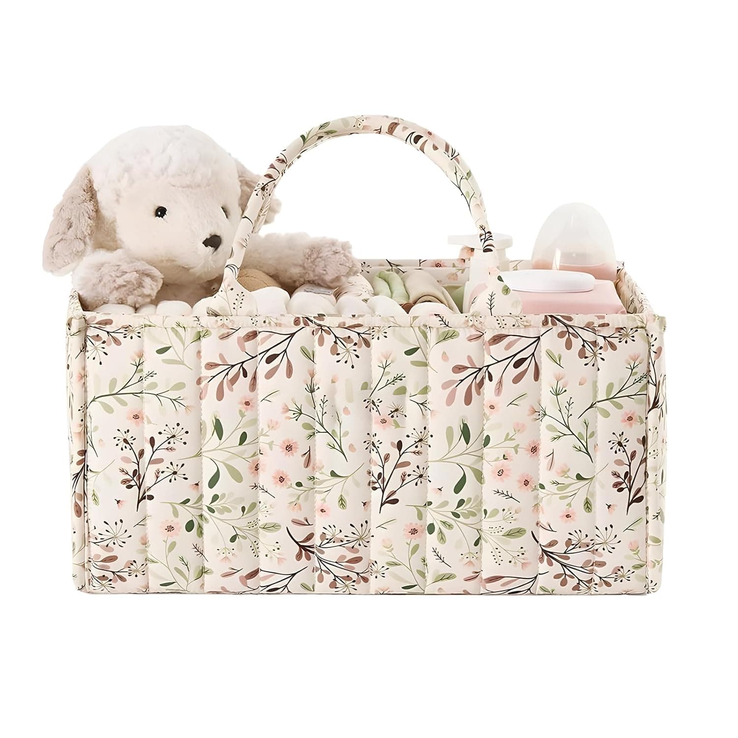 Floral Baby Diaper Caddy, Nursery Storage Bin and Car Organizer for Diapers and Baby Wipes, Stylish Storage Basket for Newborn Essentials (Floral)