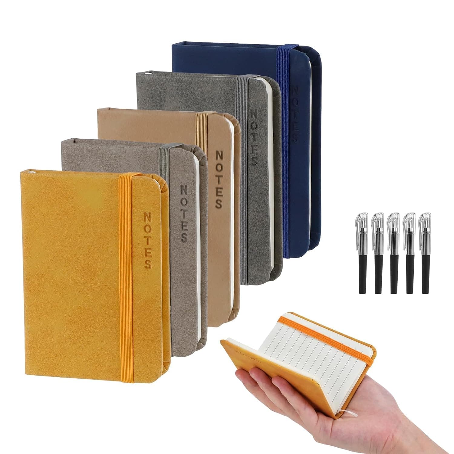 5 Pcs A7 Pocket Notebook Set with Pens, Hardback Mini Notepads 10.5x7.5cm 160 Pages, Portable Writing Kit for School Office