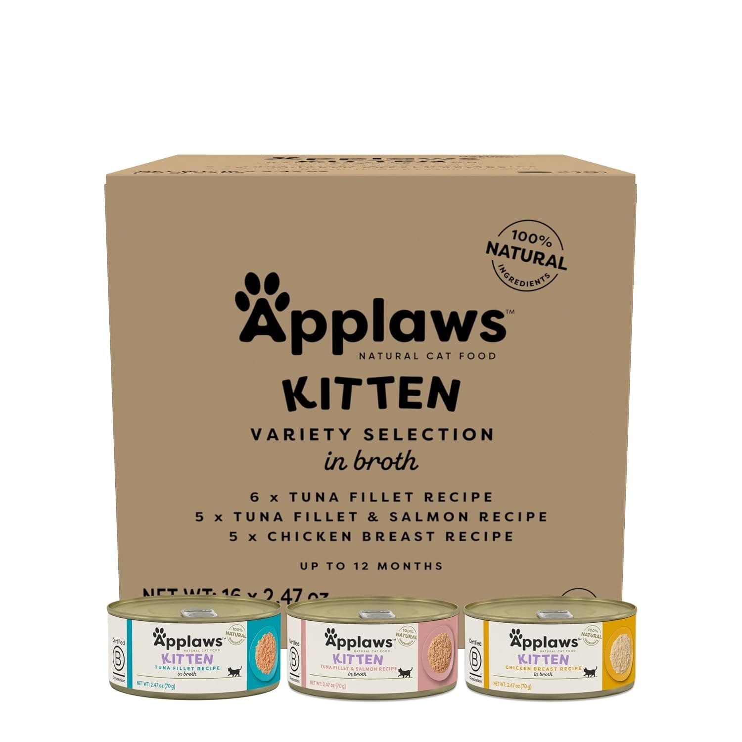 Applaws Natural Wet Kitten Food, Limited and Natural Ingredients, High Protein with No Artificial Additives, Kitten Variety in Broth (16 x 2.47oz Cans)