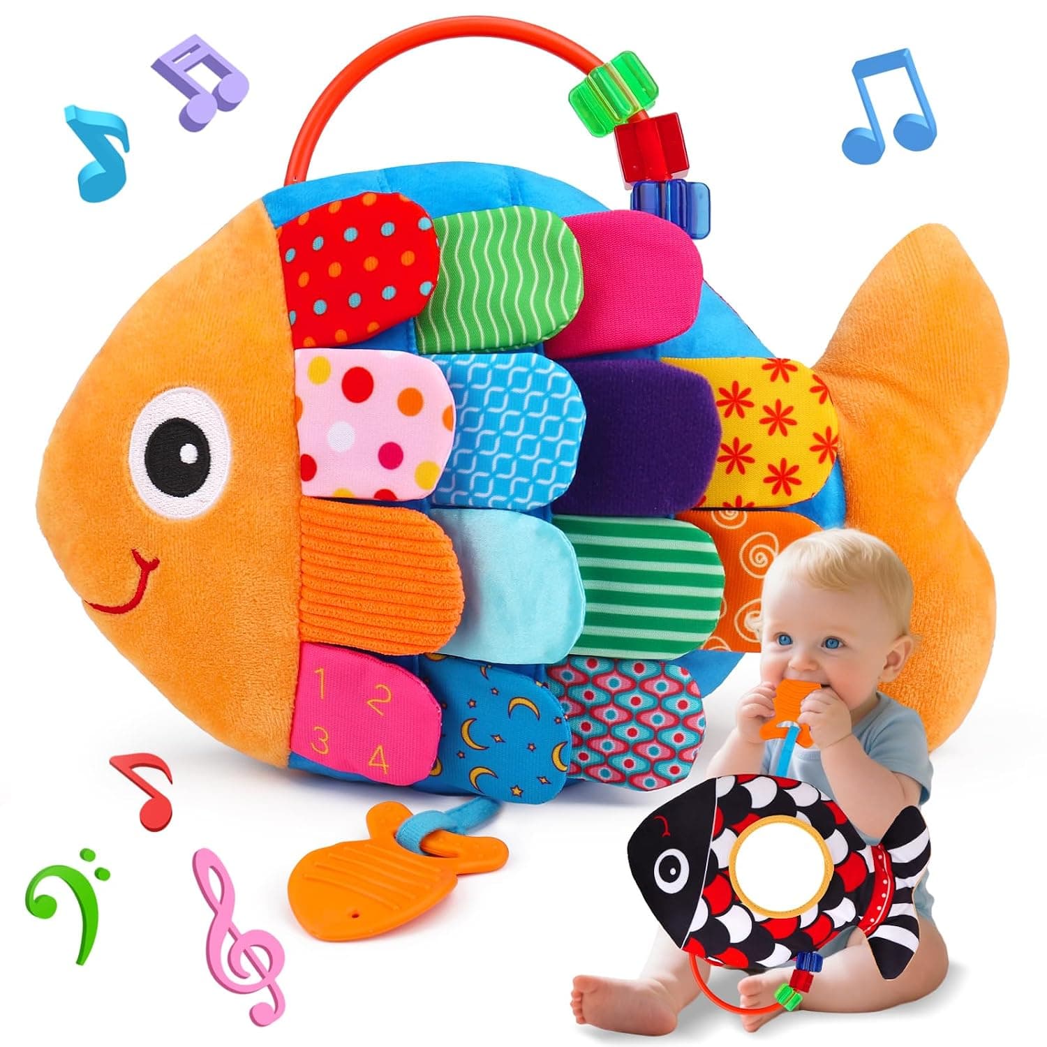 2 in 1 Baby Toy 0-3 3-6 Months Musical Fish Cuddly Toy & Contrast Toy with Grasping Rattle Mirror Toy, Baby Sensory Toy 0 3 6 Months, Newborn Boy Girl Gift
