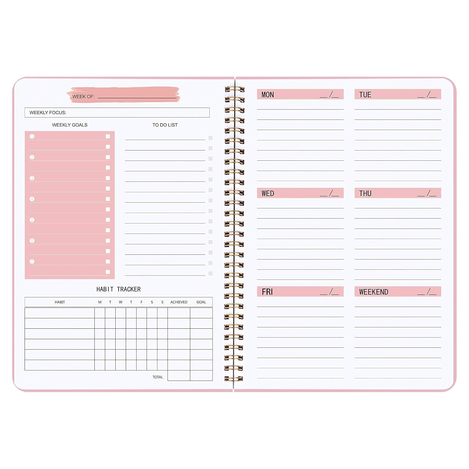 Undated Weekly Planner- Weekly Goals Notebook, A5 To Do List Planner, Habit Tracker Journal with Spiral Binding, Tracker and Goal Planner, 5.7 x 8.0 inches
