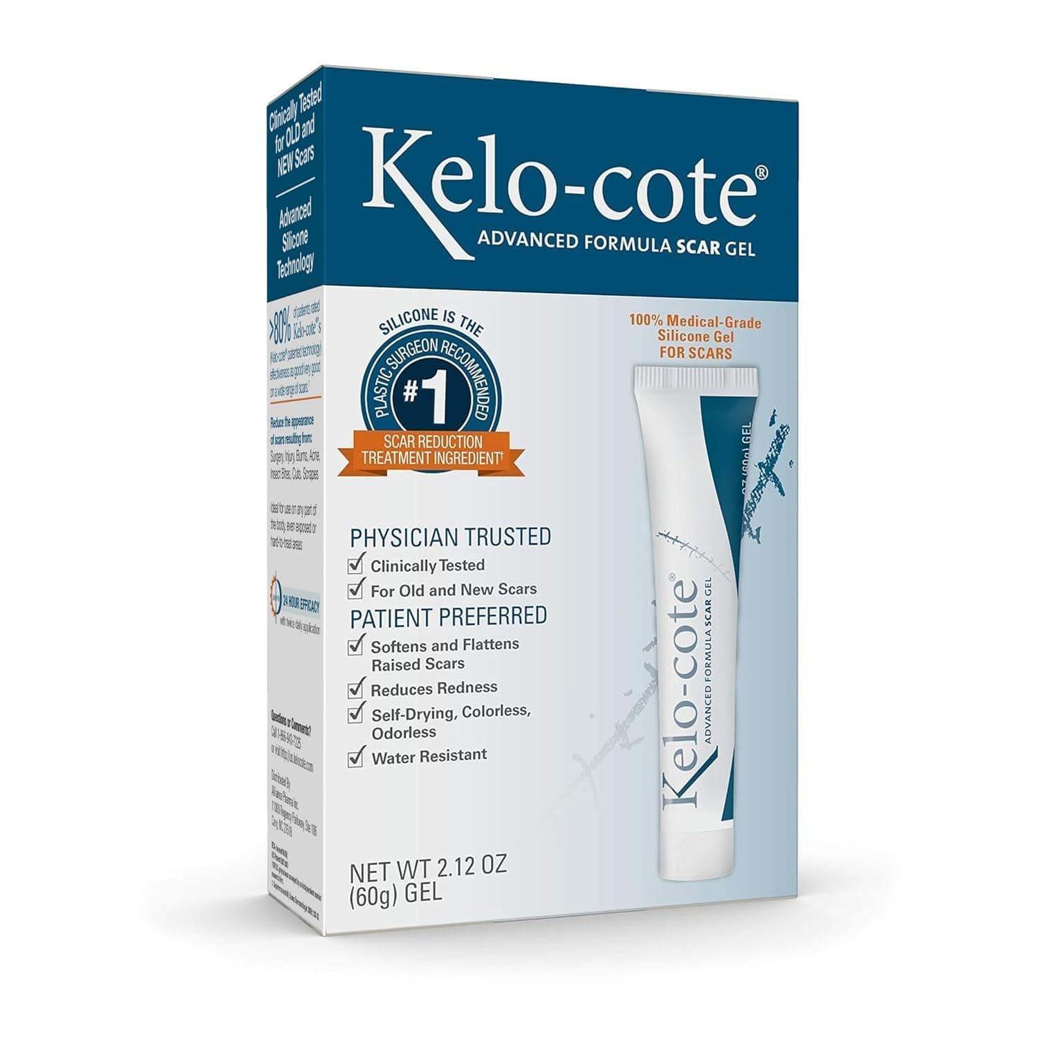 Kelo-cote Advanced Skincare Formula Scar Gel, Acne Scar, Burn Scar, Surgical Scar, C-Section Scar and Keloid Scar Treatment, 2.12 Ounces (60g) | Treat & Prevent Hypertrophic & Keloid Scars from Injury, Burns, Surgery, Water Resistant, Safe for Sensitive Skin
