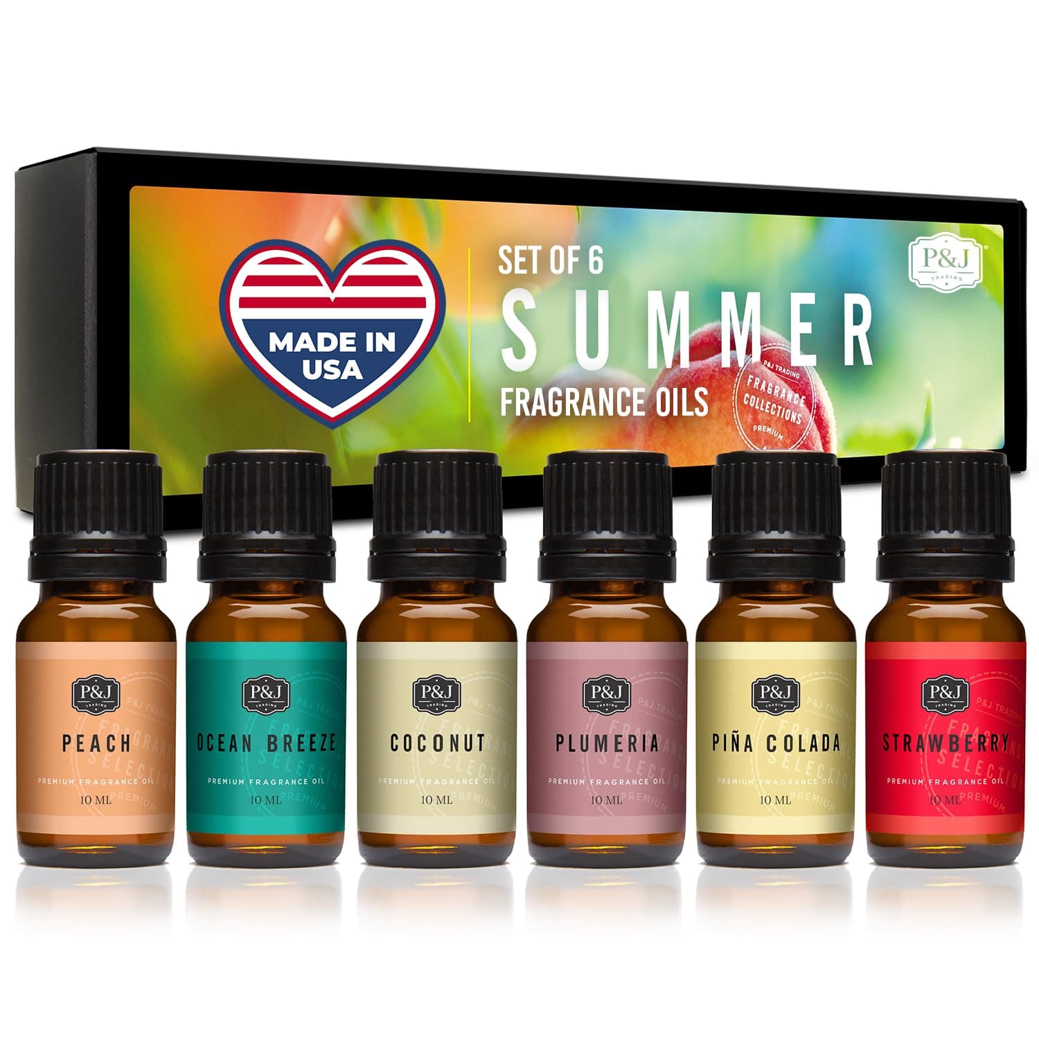 P&J Trading Summer Set of 6 Premium Grade Fragrance Oils - Peach, Strawberry, Plumeria, Coconut, Ocean Breeze, Pina Colada - 10ml