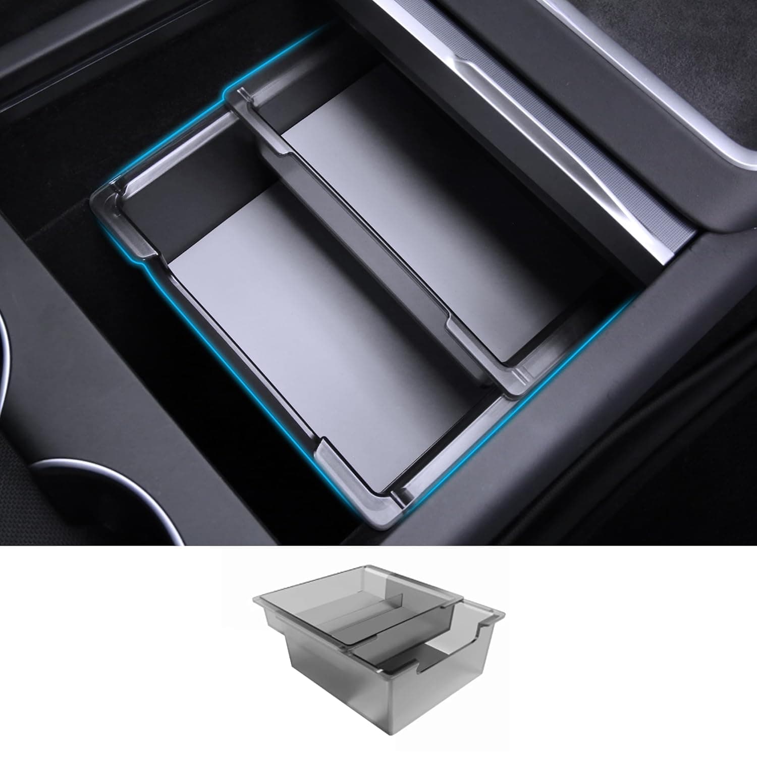 Arcoche 2PC Center Console Organizer Tray for Tesla Model Y Juniper 2025 2026 Flocked Armrest Drawer Storage Box Interior Accessories